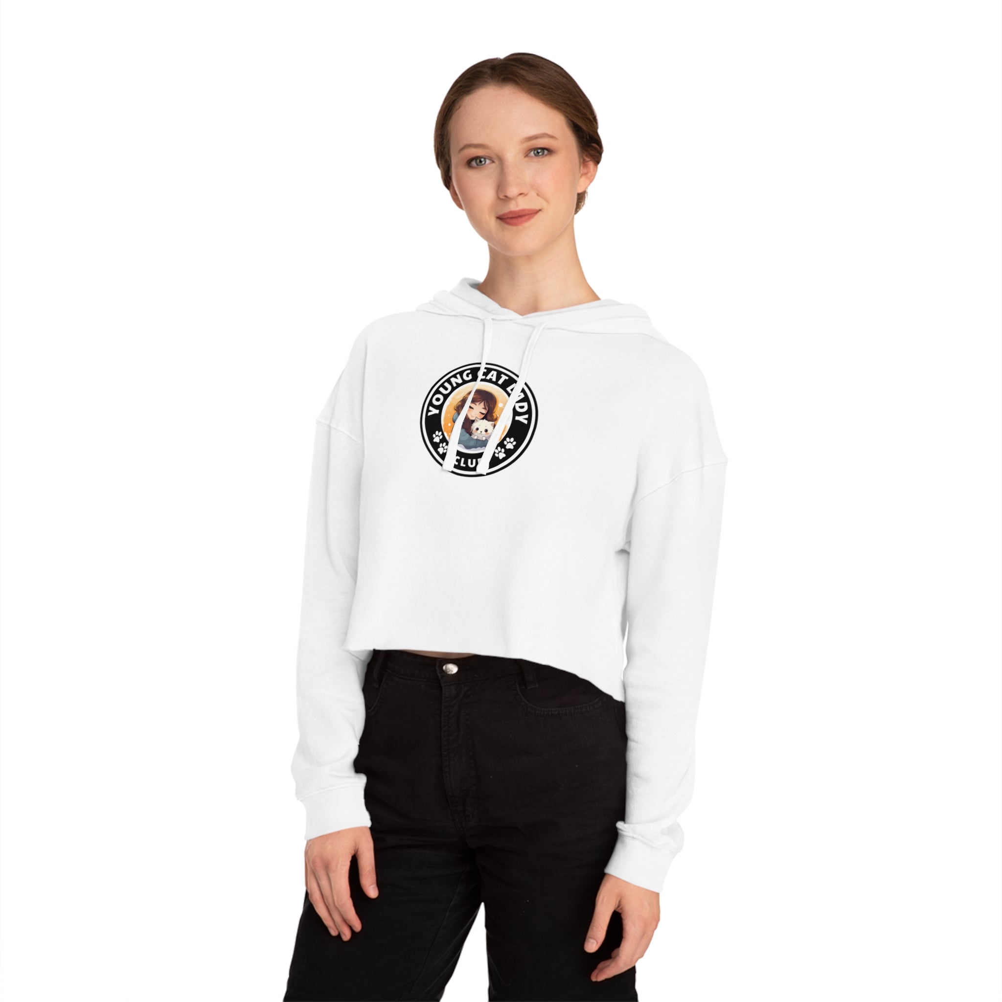Photo depicting the ​Young Cat Lady Club Women’s Cropped Hooded Sweatshirt from EpiAl's Shop.