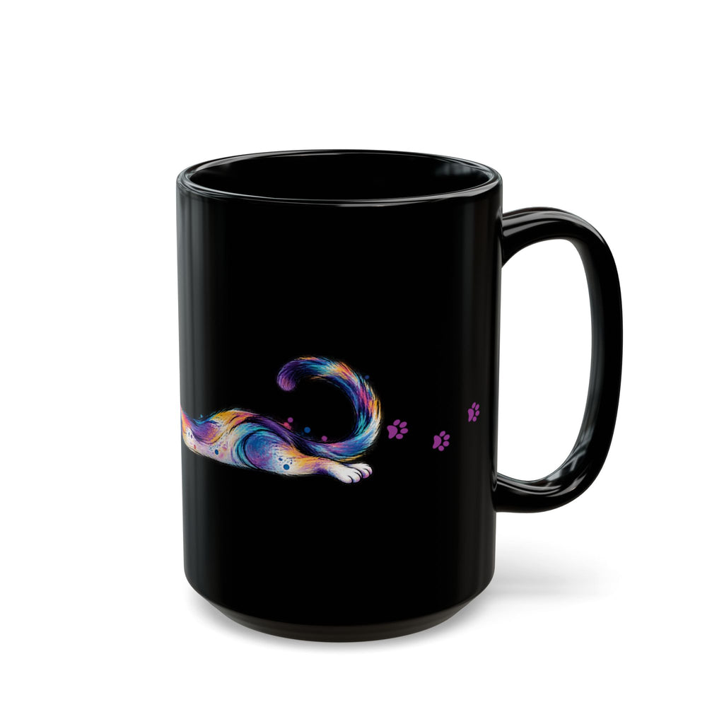 Colorful Stretching Cat Black Ceramic Mug | Whimsical Cat Lover Gift (11oz/15oz)