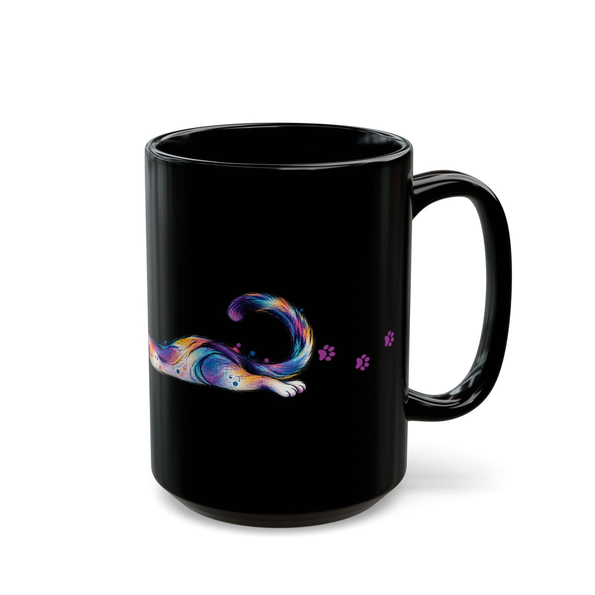 Colorful Stretching Cat Black Ceramic Mug | Whimsical Cat Lover Gift (11oz/15oz)