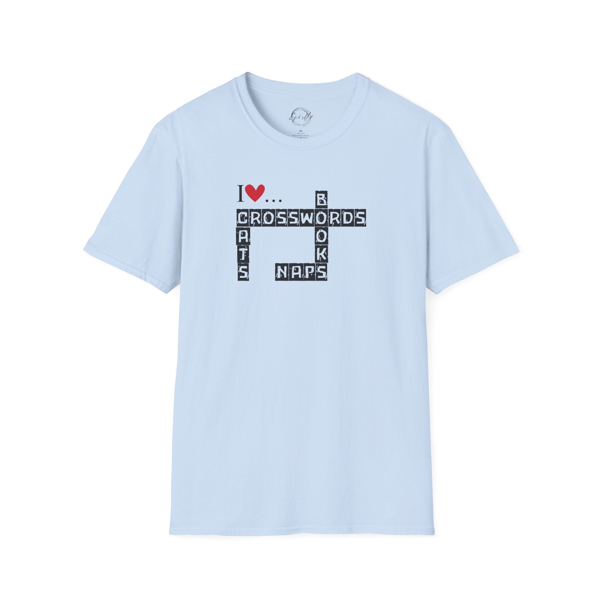Photo depicting the ​Crosswords and Cats Unisex Softstyle T-Shirt from EpiAl's Shop.