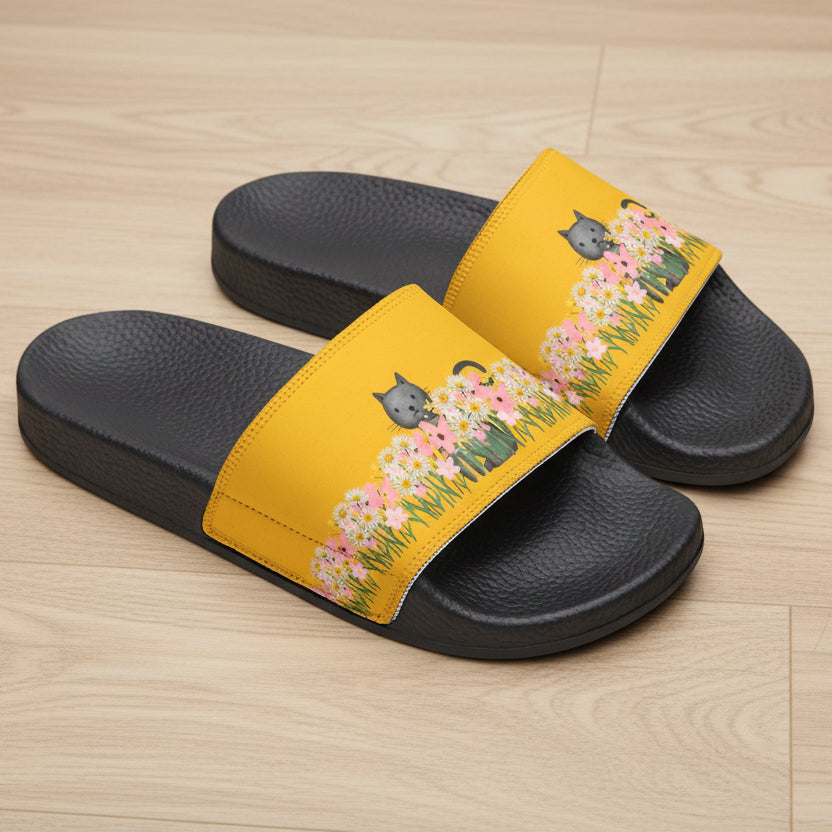 Yellow Flower Cat Slide Sandals – Garden Cat Slides with Interchangeable Straps
