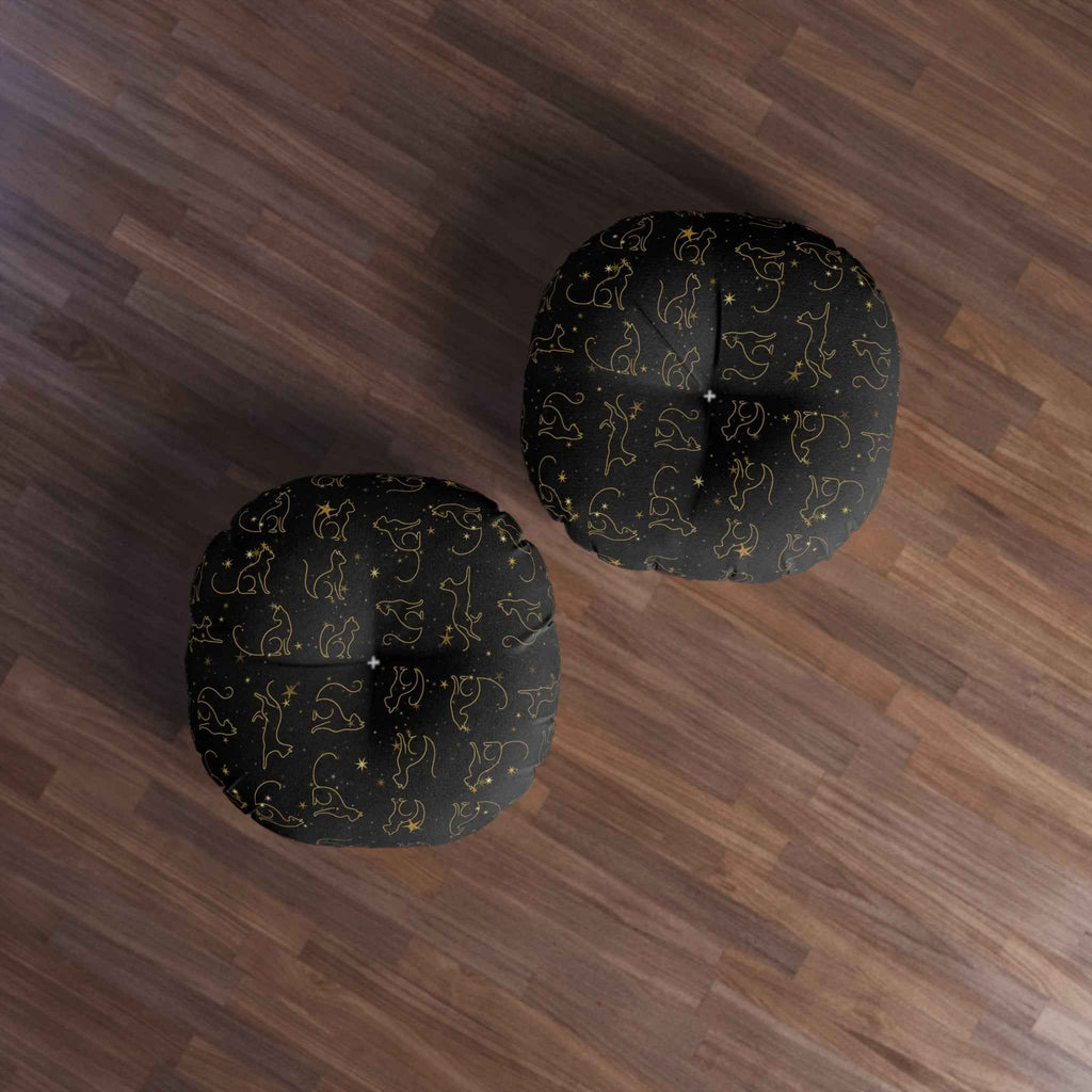 Gold Foil Line-Art Cats Tufted Floor Pillow – Black