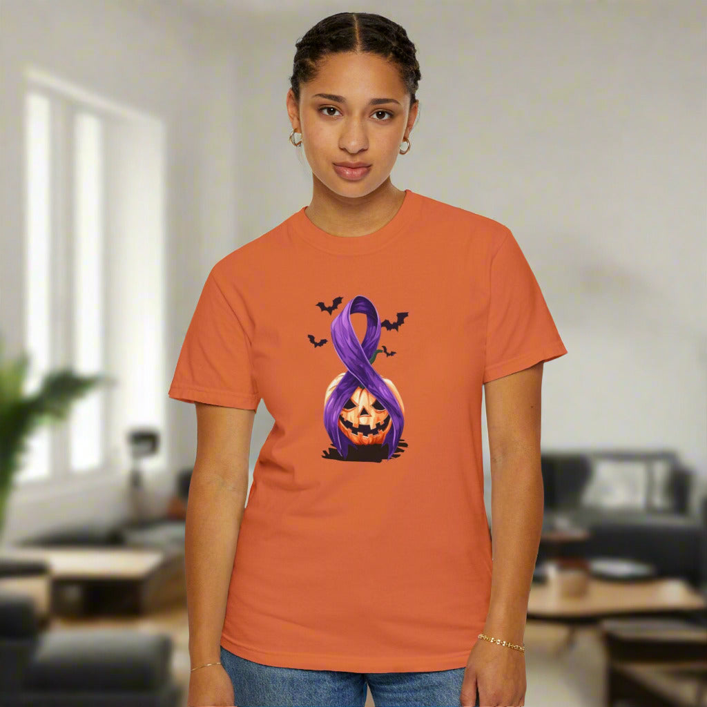 Halloween Pumpkin Unisex T-Shirt with Purple Ribbon Design