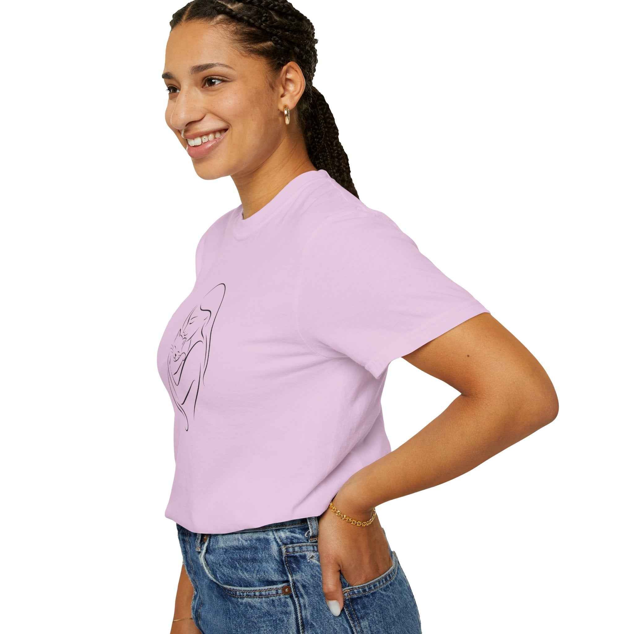 Mother & Cat Embrace T-Shirt | Minimal Line Art Cat Mom Shirt
