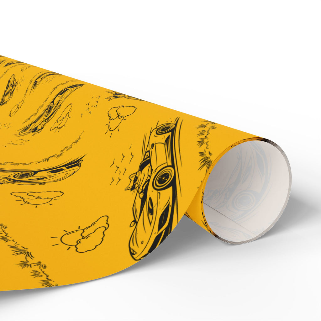Zoomies Road Trip Cat Wrapping Paper – Golden Sketch Gift Wrap with Racing Cat Design