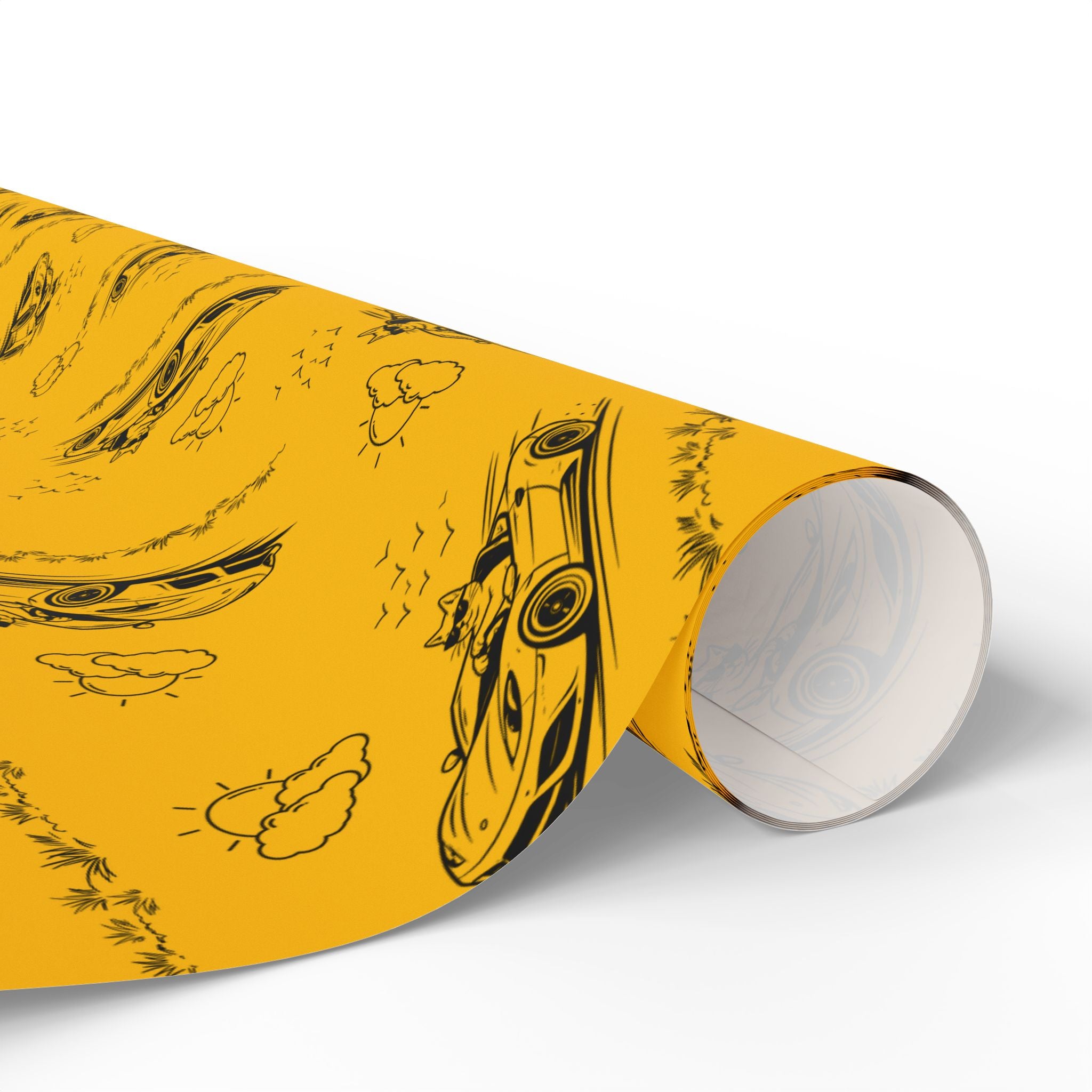 Zoomies Road Trip Cat Wrapping Paper – Golden Sketch Gift Wrap with Racing Cat Design