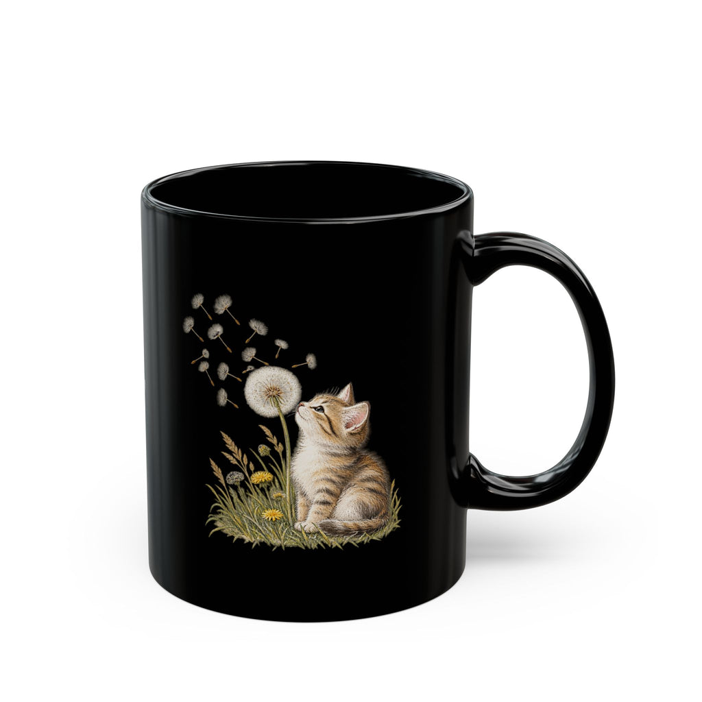 Kitten & Dandelion Black Ceramic Mug | Cat Lover Coffee Cup | 11oz & 15oz
