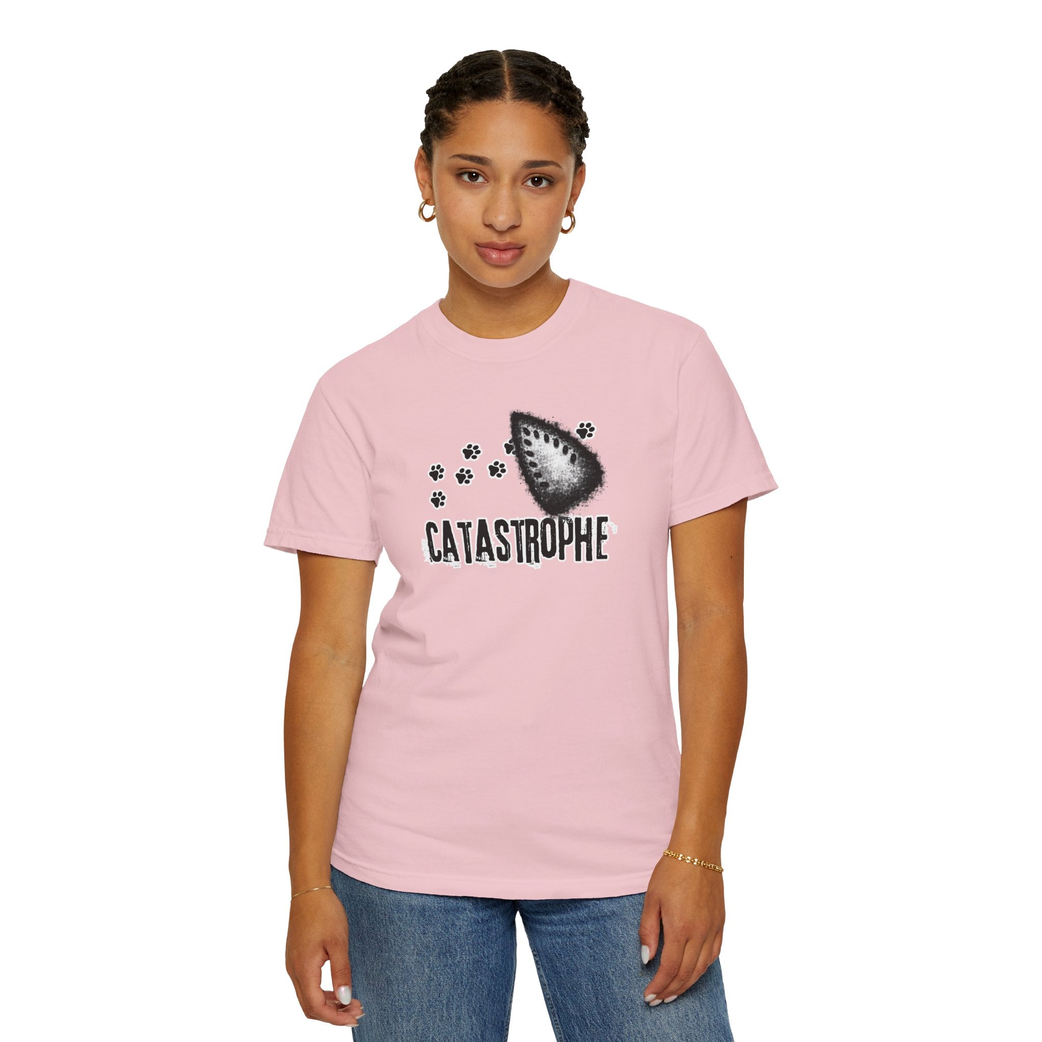 Catastrophe Iron Burn Graphic T-Shirt | Funny Cat Pun Shirt | Distressed Grunge Cat Tee