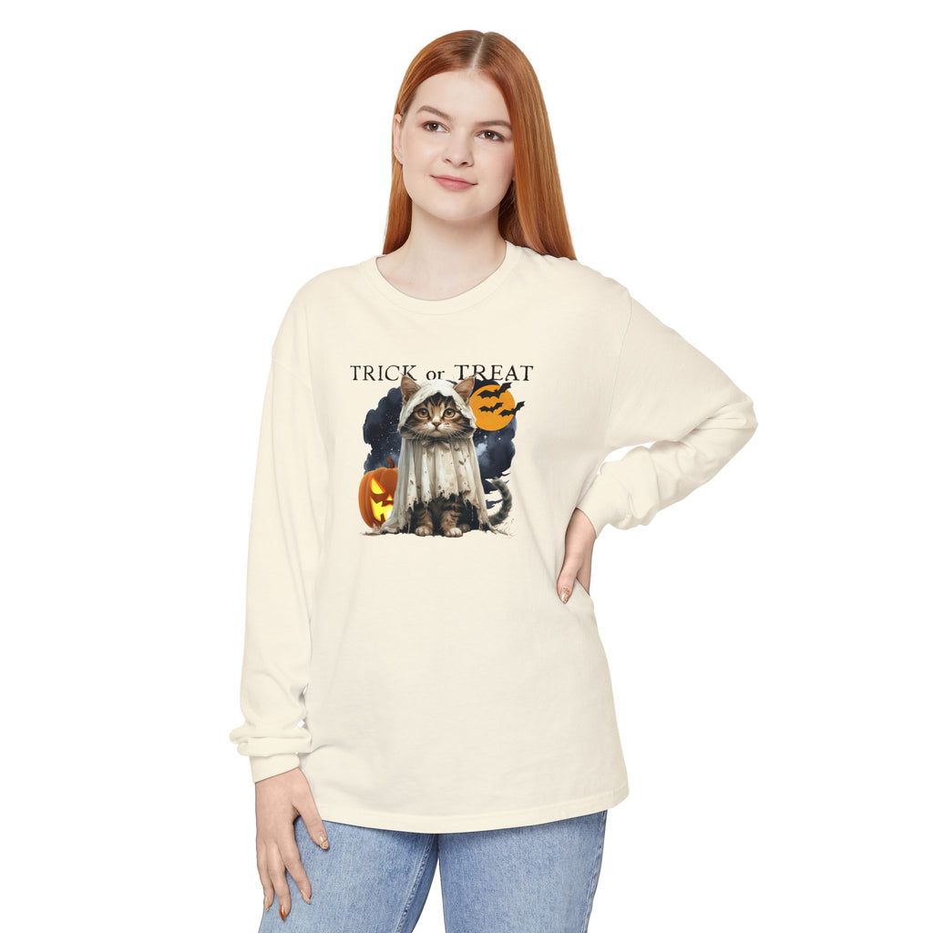 Halloween Cat Long Sleeve Tee, Unisex Spooky Shirt