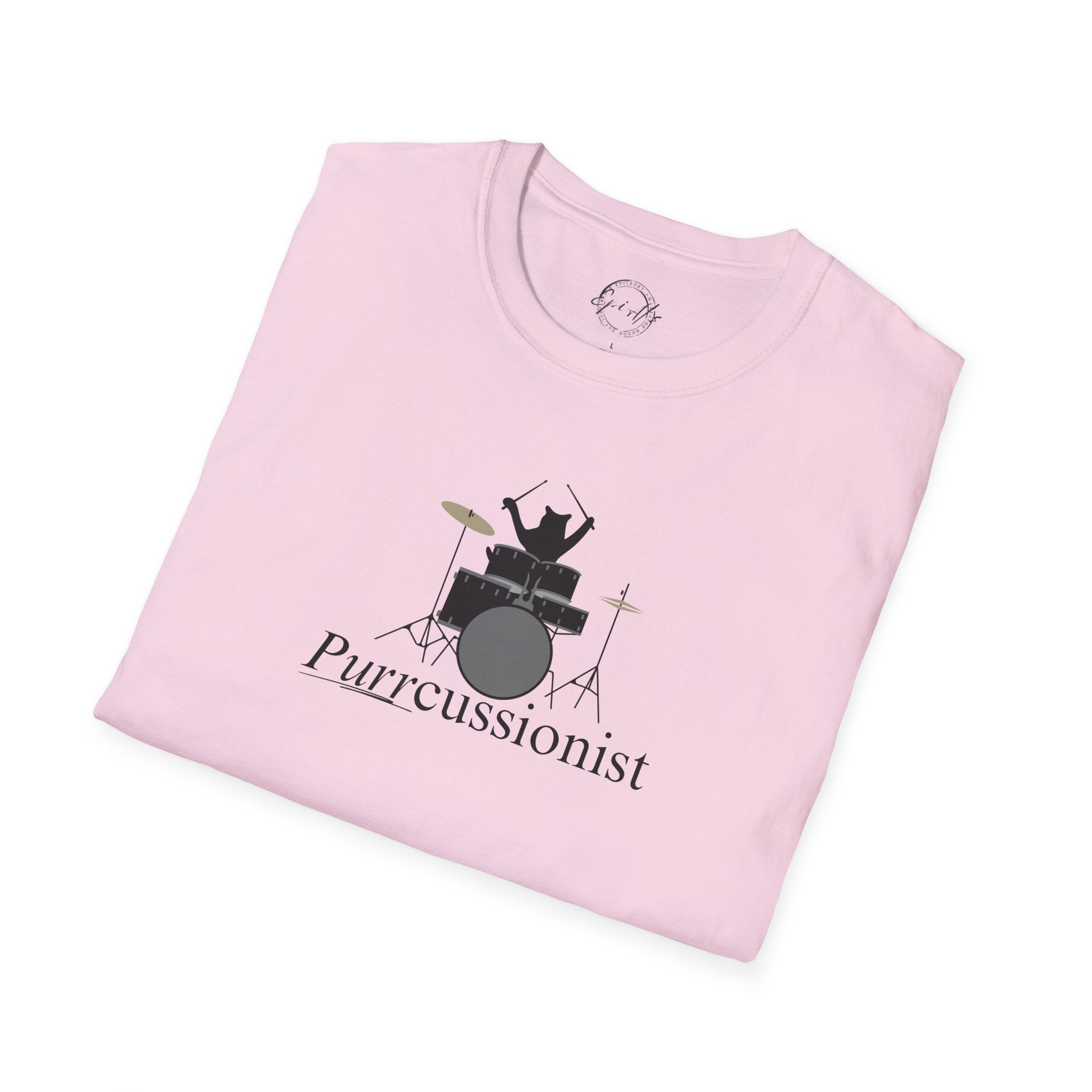 Photo depicting the ​Purrcussionist Unisex Softstyle T-Shirt from EpiAl's Shop.