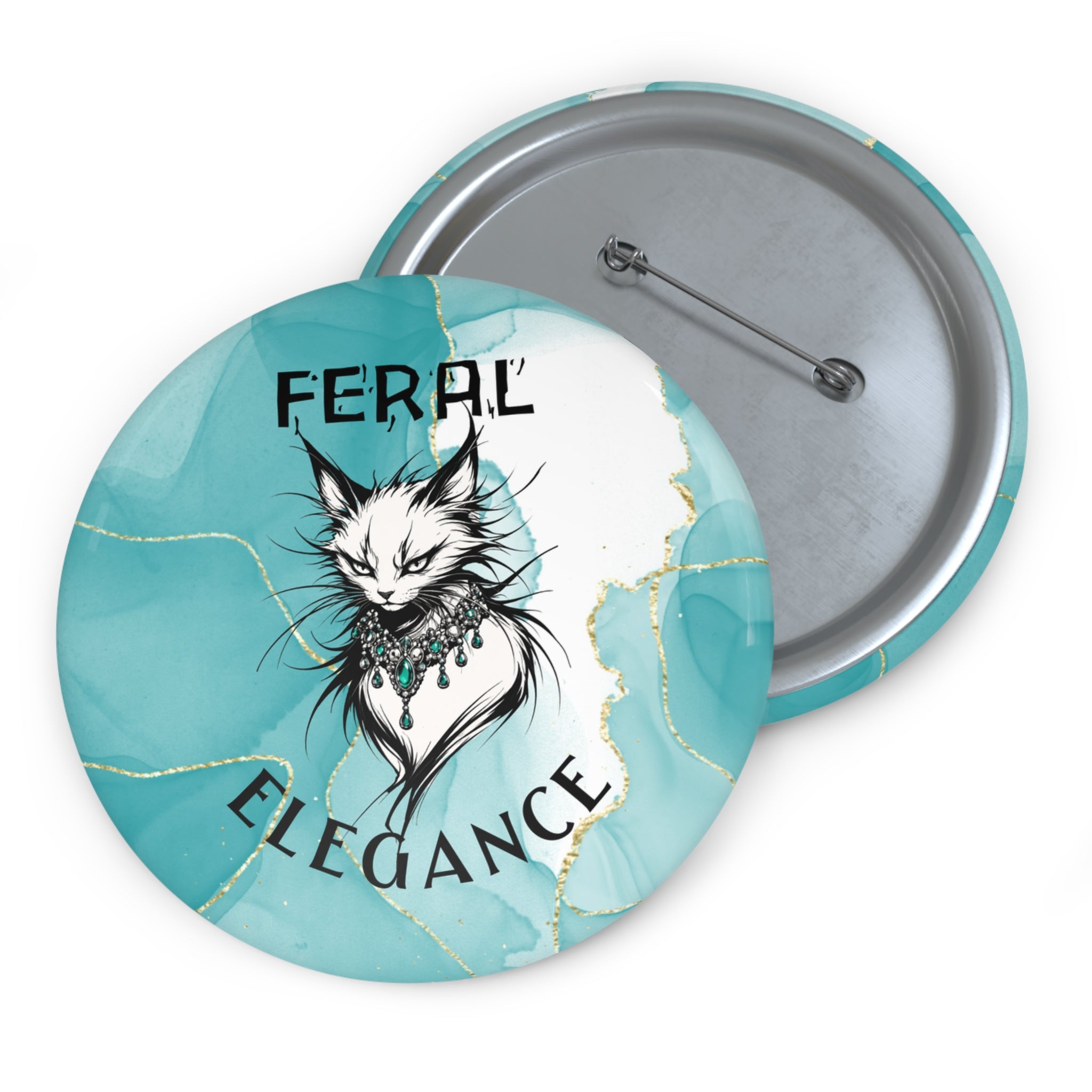 Feral Elegance Cat Pinback Button – Teal Marble Statement Badge