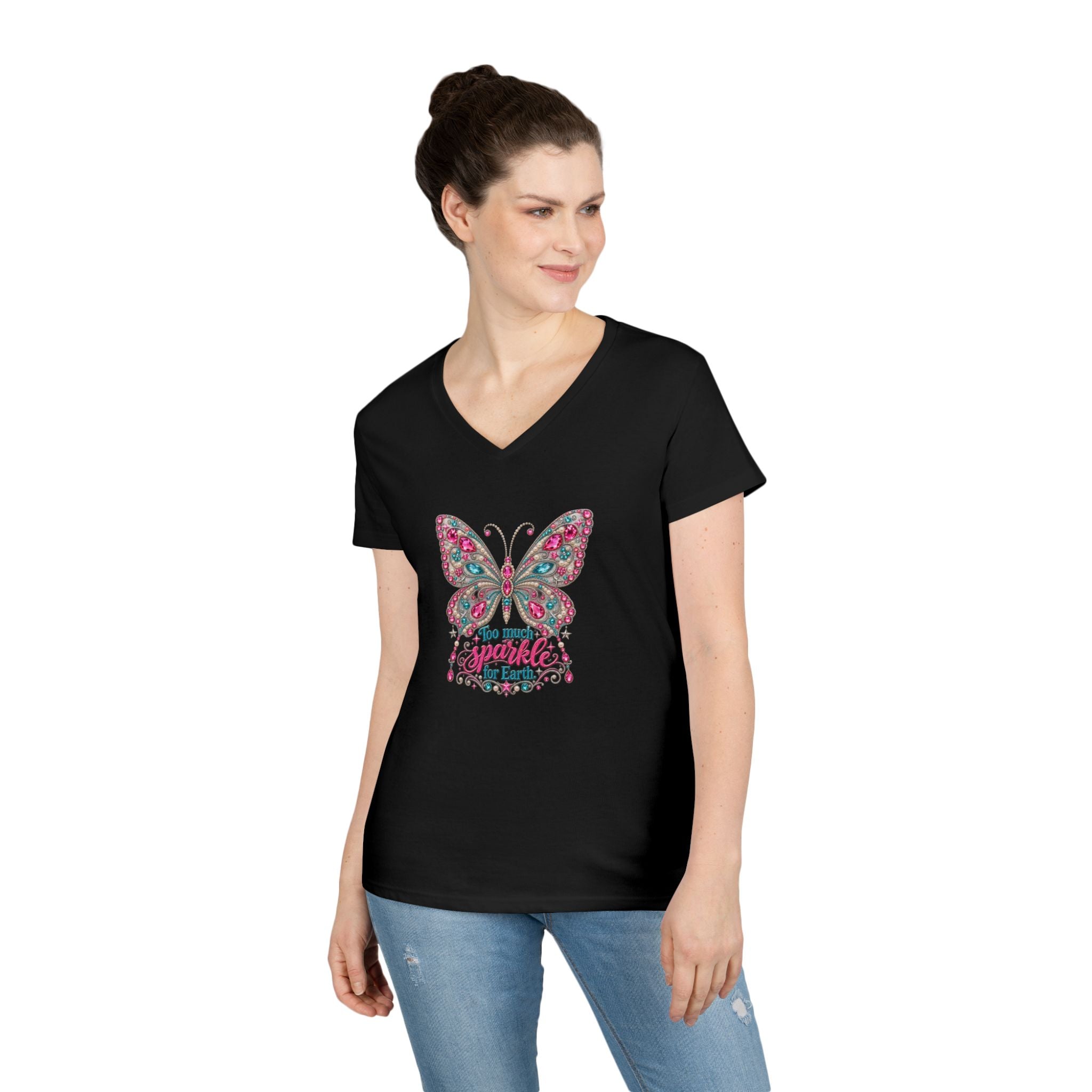 Too Much Sparkle for Earth V-Neck Tee | Rhinestone Butterfly Shirt | Heavenly Country Glam