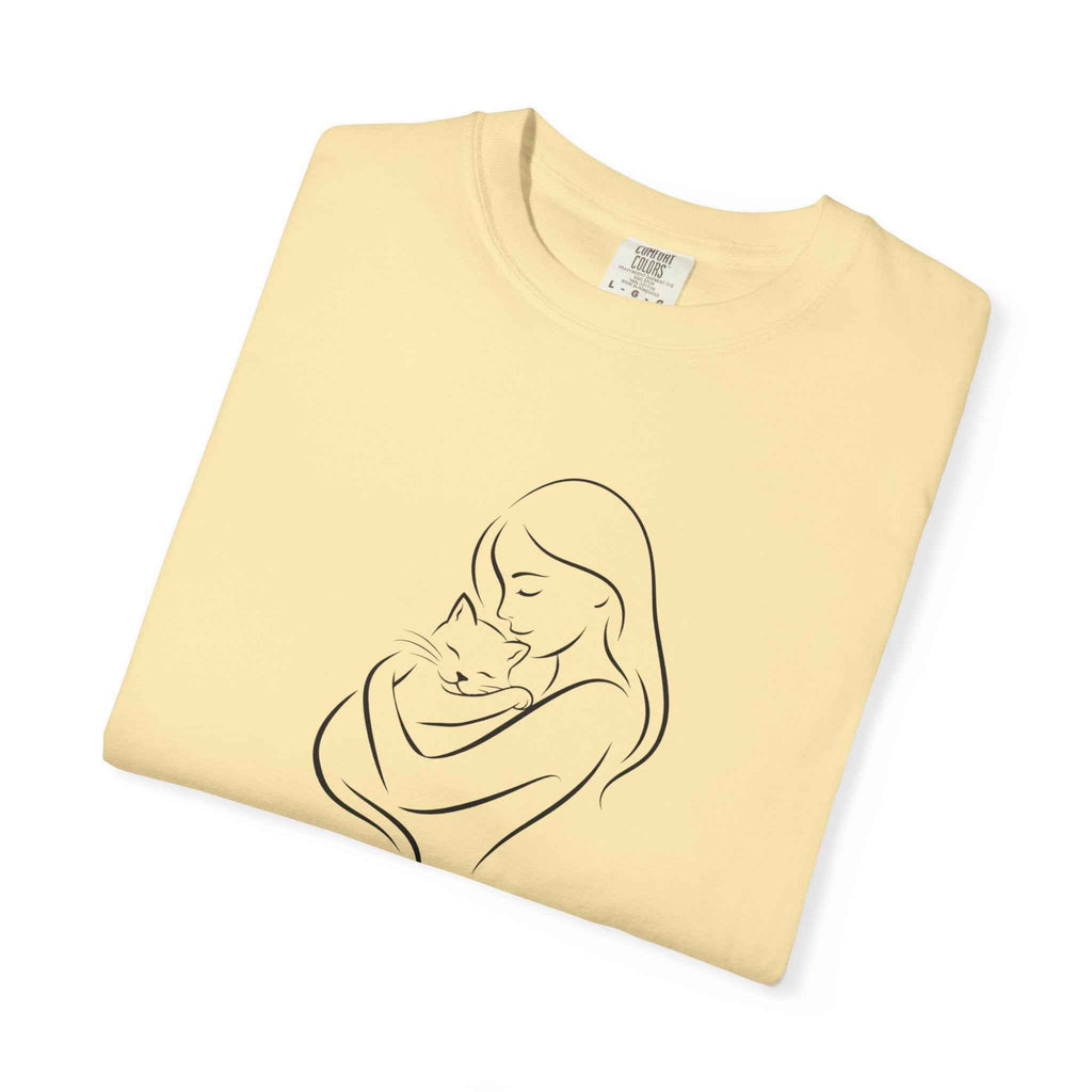 Mother & Cat Embrace T-Shirt | Minimal Line Art Cat Mom Shirt