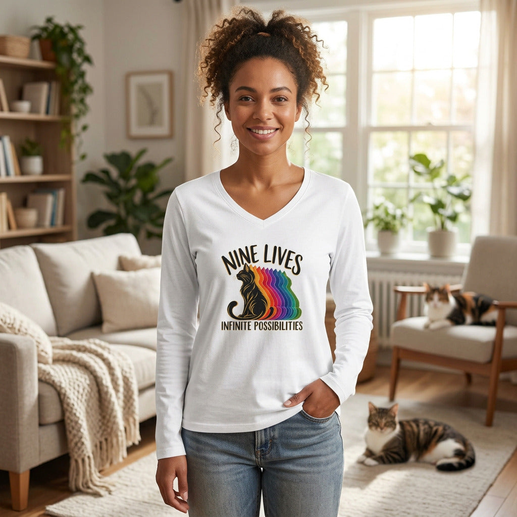 Nine Lives, Infinite Possibilities Women's Long Sleeve V-Neck T-Shirt | Colorful Cat Art