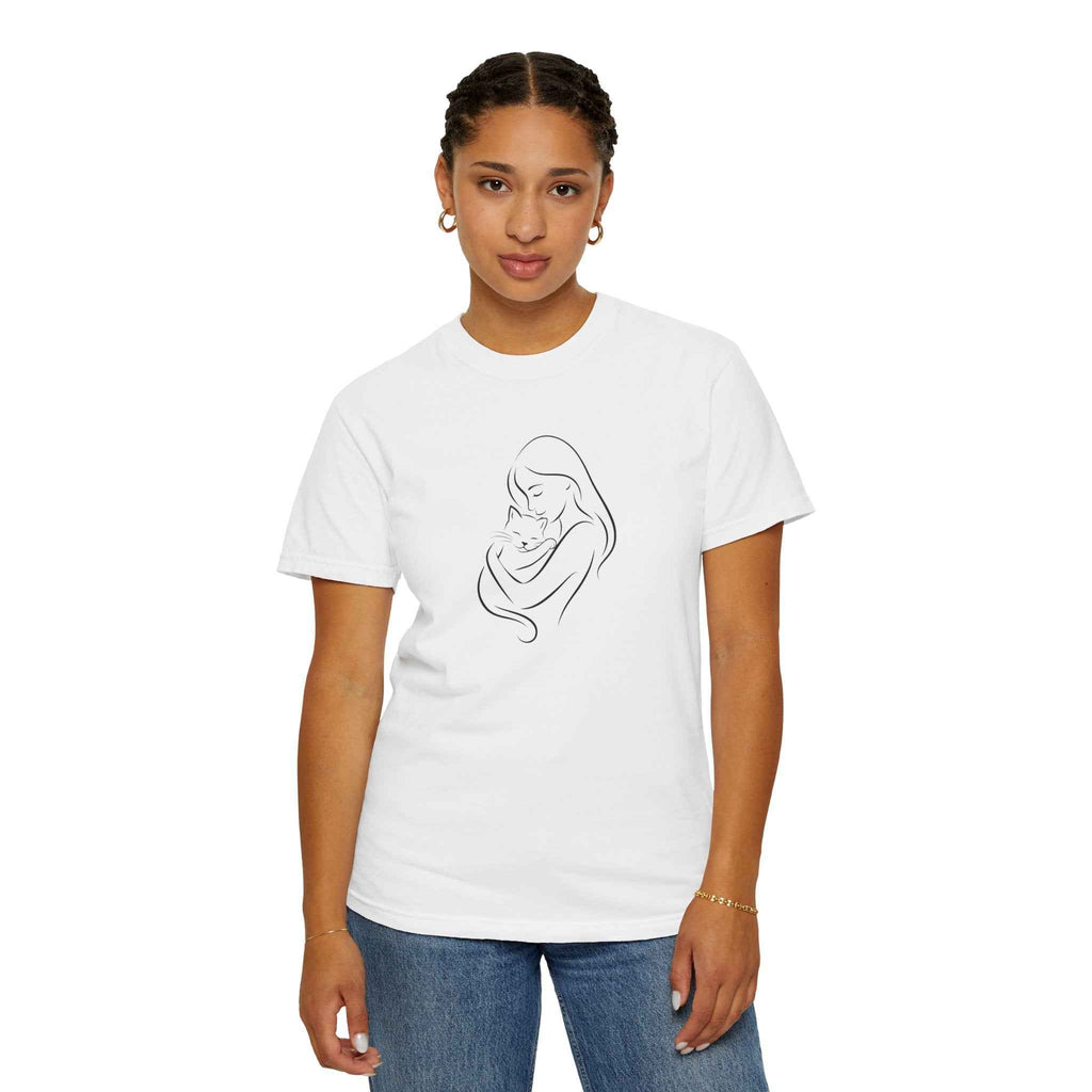 Mother & Cat Embrace T-Shirt | Minimal Line Art Cat Mom Shirt
