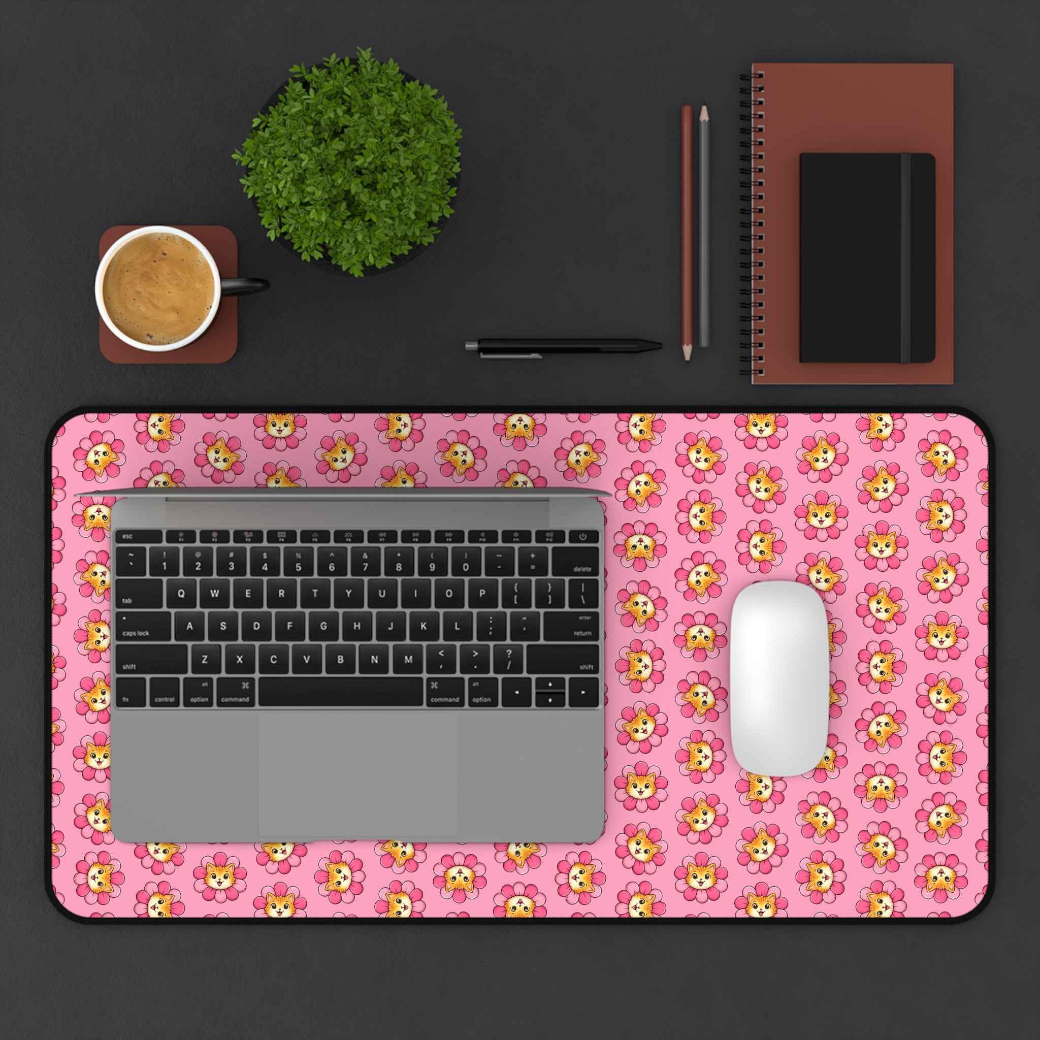 Blooming Chaos Pink Cat Pattern Desk Mat