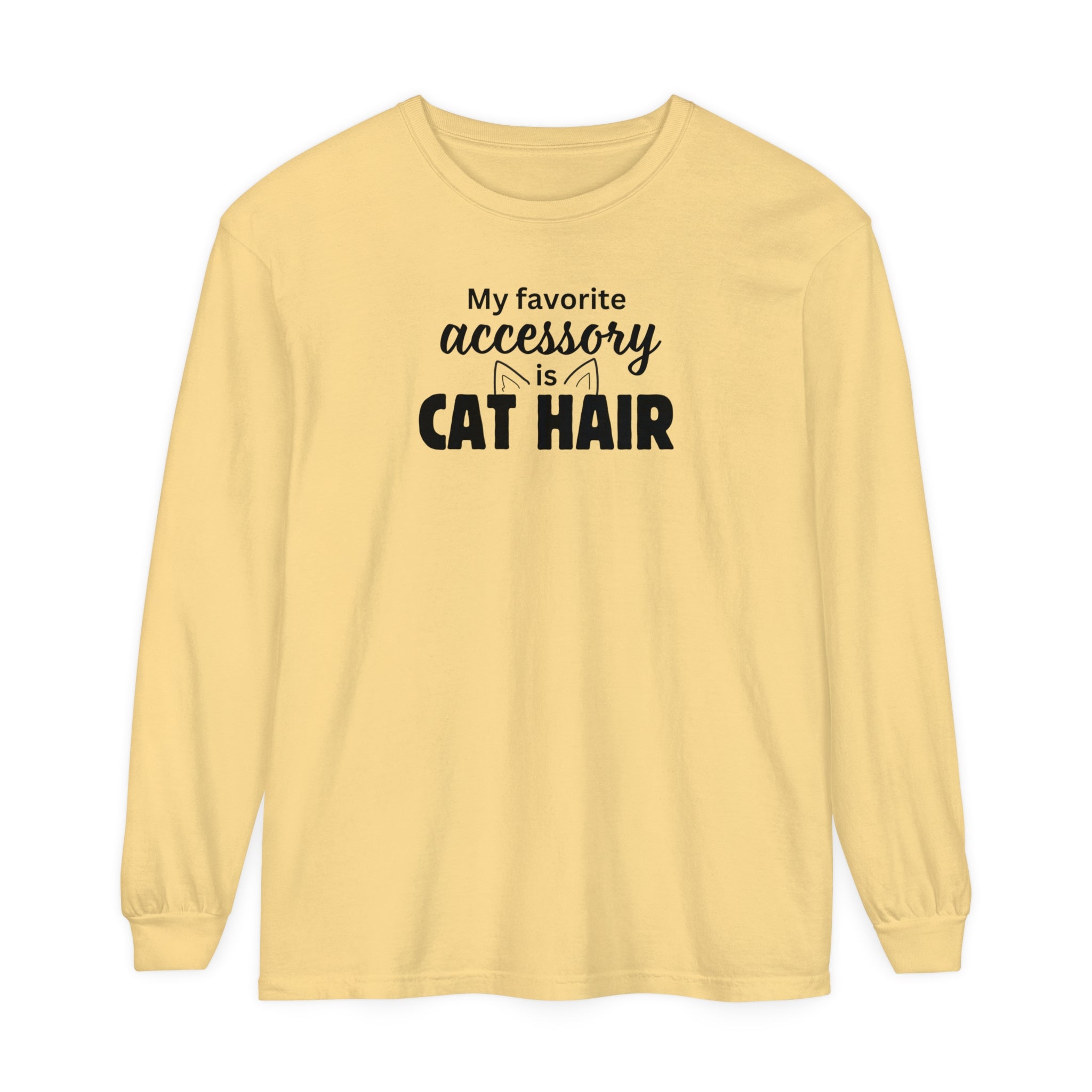 Photo depicting the ​Cat Hair Accessorized Unisex Garment-dyed Long Sleeve T-Shirt from EpiAl's Shop.