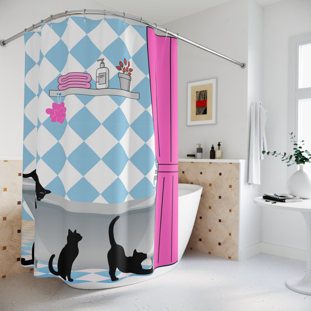 Curiosity in the Clawfoot Cat Shower Curtain