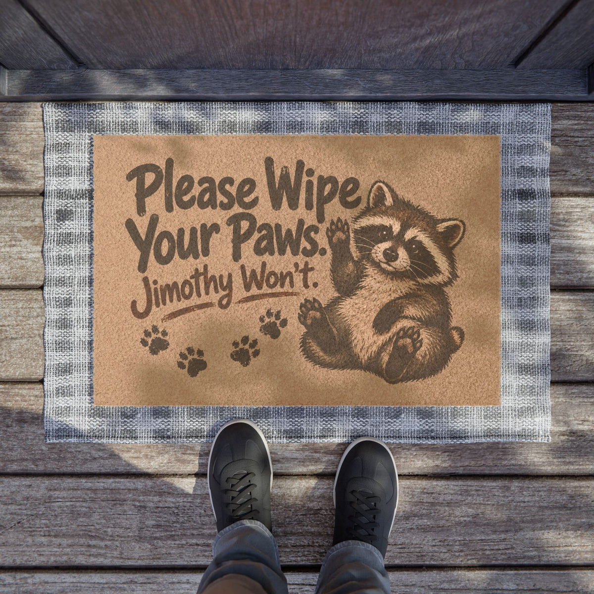 Please Wipe Your Paws, Jimothy Won’t Doormat | Funny Raccoon Welcome Mat