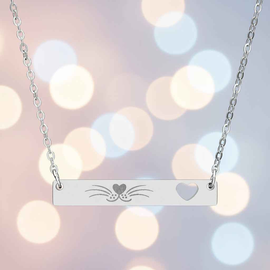 Minimalist Cat Whisker Bar Necklace — Engraved Pendant with Heart Cutout