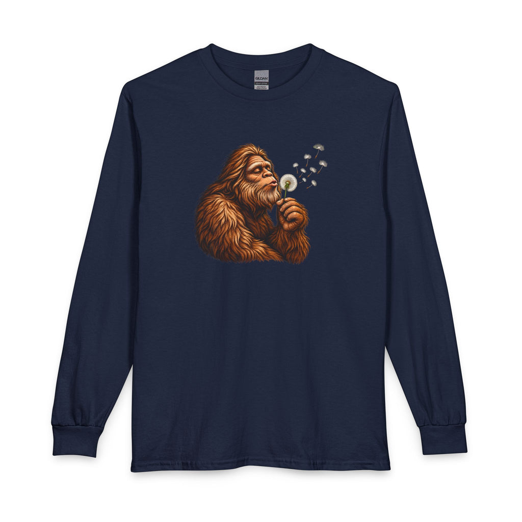 Bigfoot Blowing Dandelion Long Sleeve T-Shirt | Peaceful Sasquatch Nature Tee
