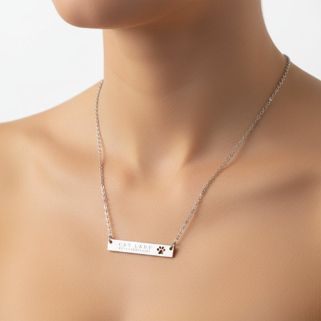 Cat Lady Extraordinaire Bar Necklace | Paw Engraved Stainless Steel