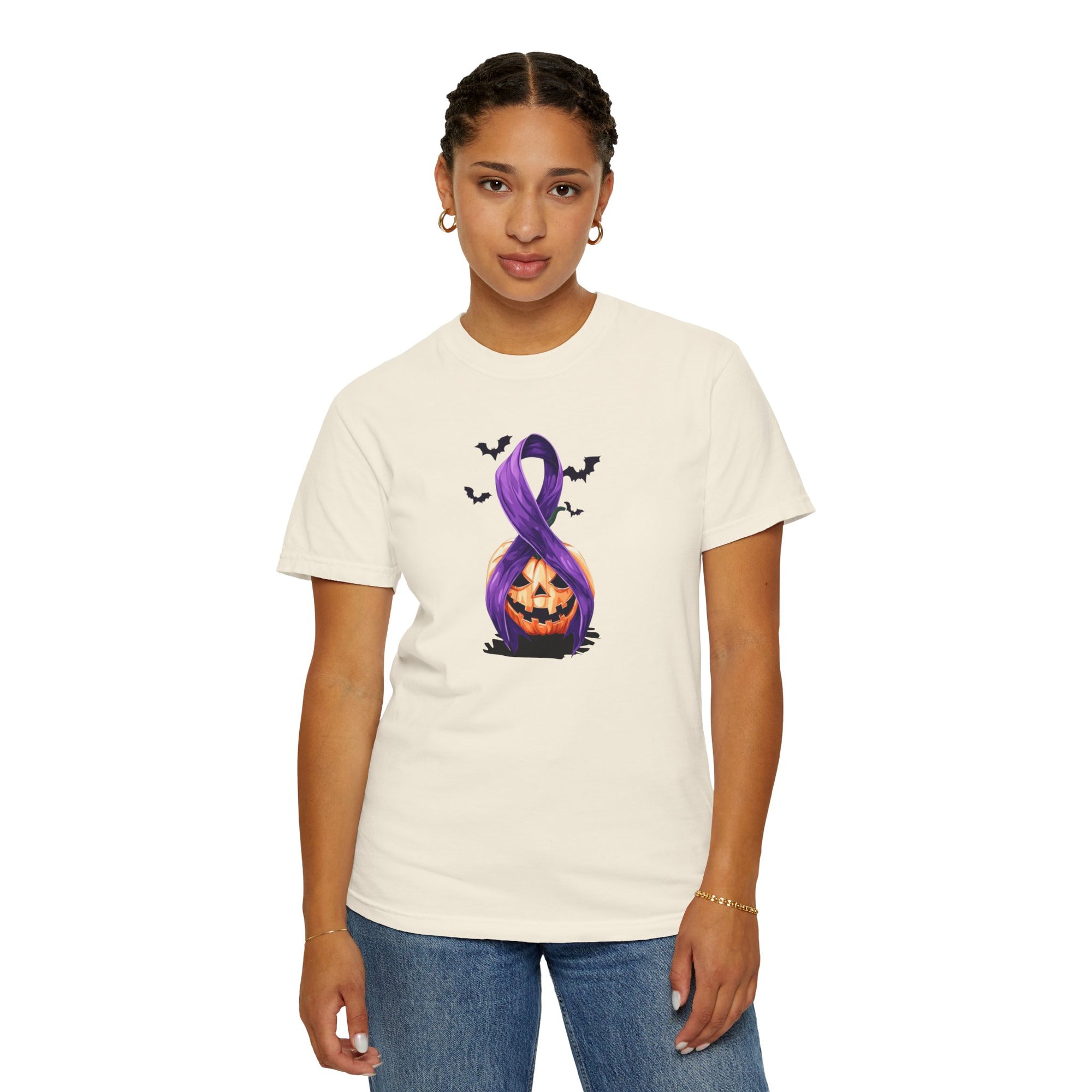 Halloween Pumpkin Unisex T-Shirt with Purple Ribbon Design