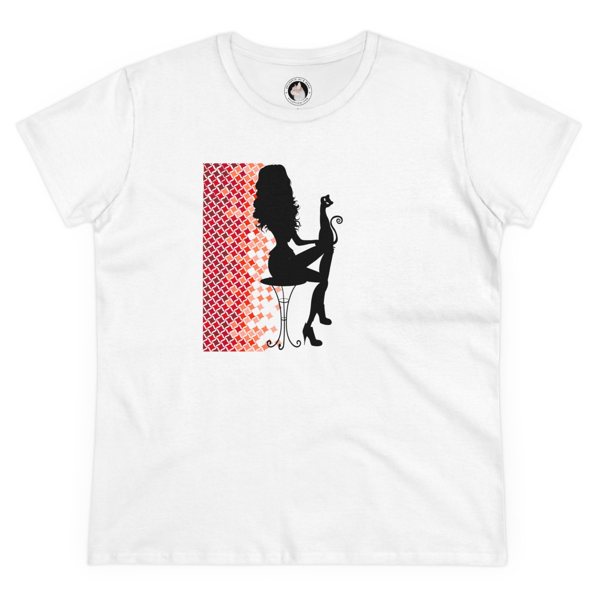 Photo depicting the ​Poised Cat Lady Women's Midweight Cotton Tee from EpiAl's Shop.