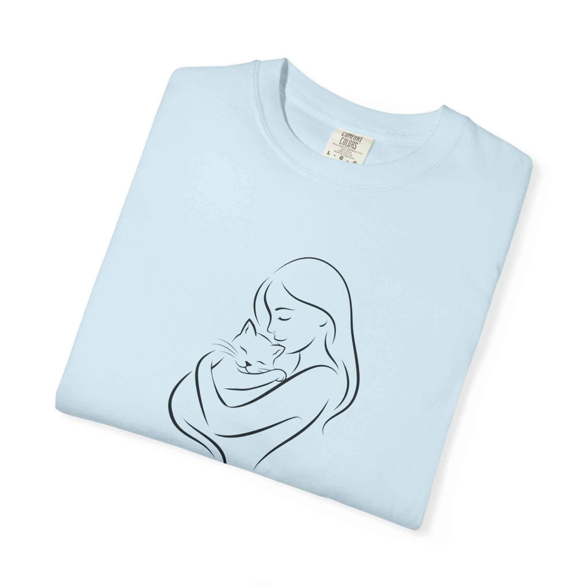 Mother & Cat Embrace T-Shirt | Minimal Line Art Cat Mom Shirt