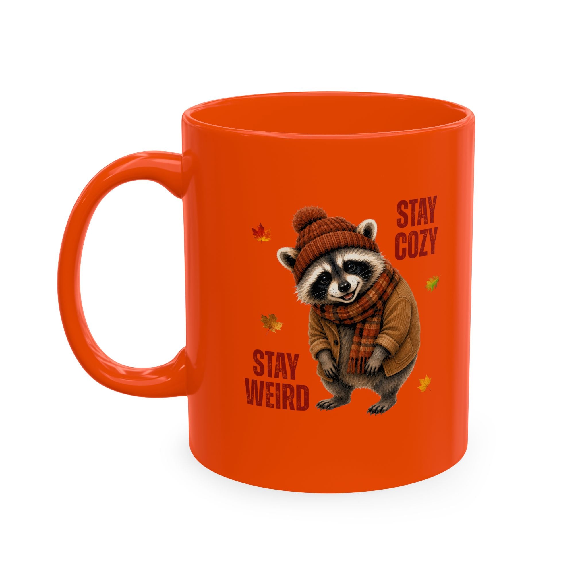 Jimothy “Stay Cozy, Stay Weird” Fall Raccoon Mug, 11 oz