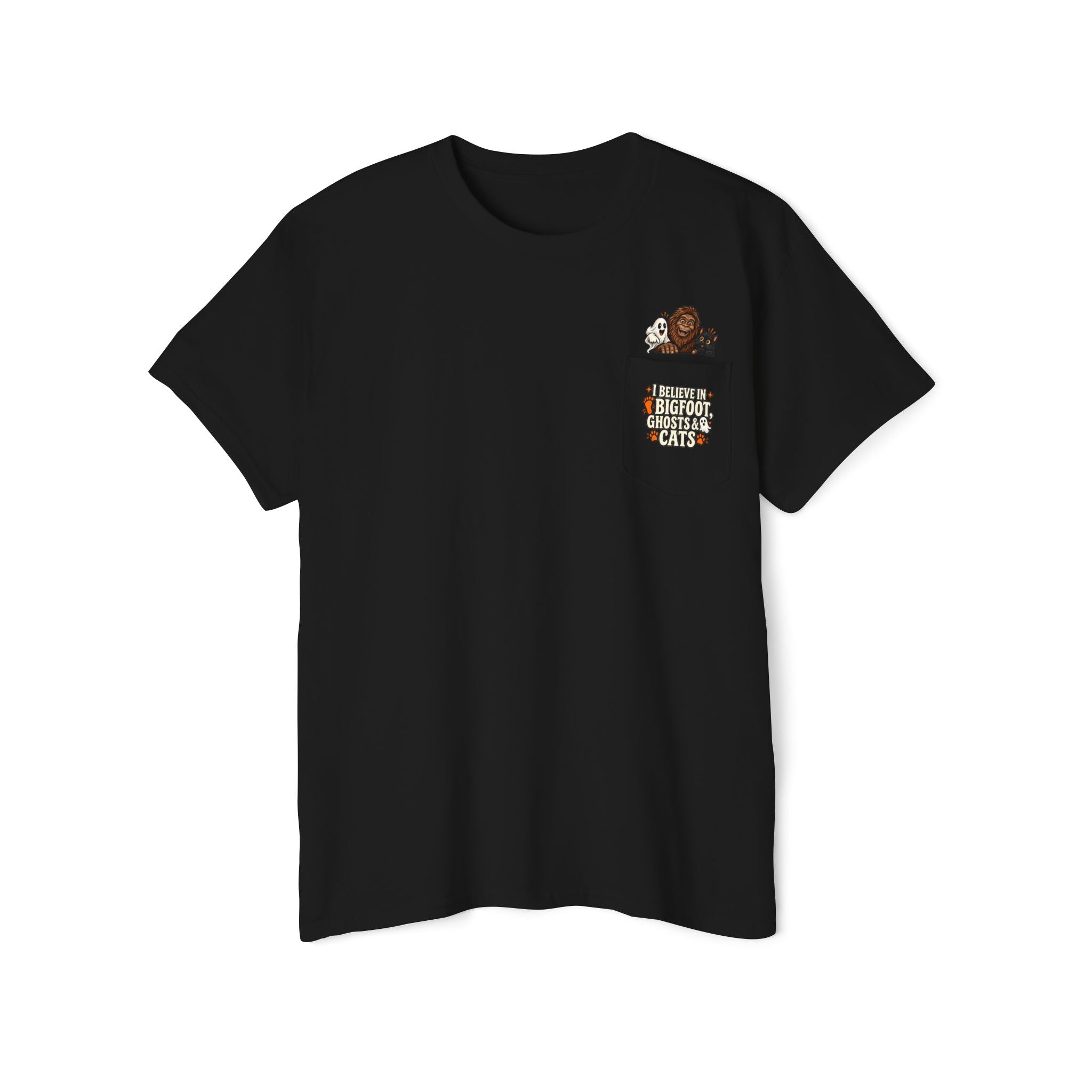 I Believe in Bigfoot, Ghosts & Cats Pocket T-Shirt