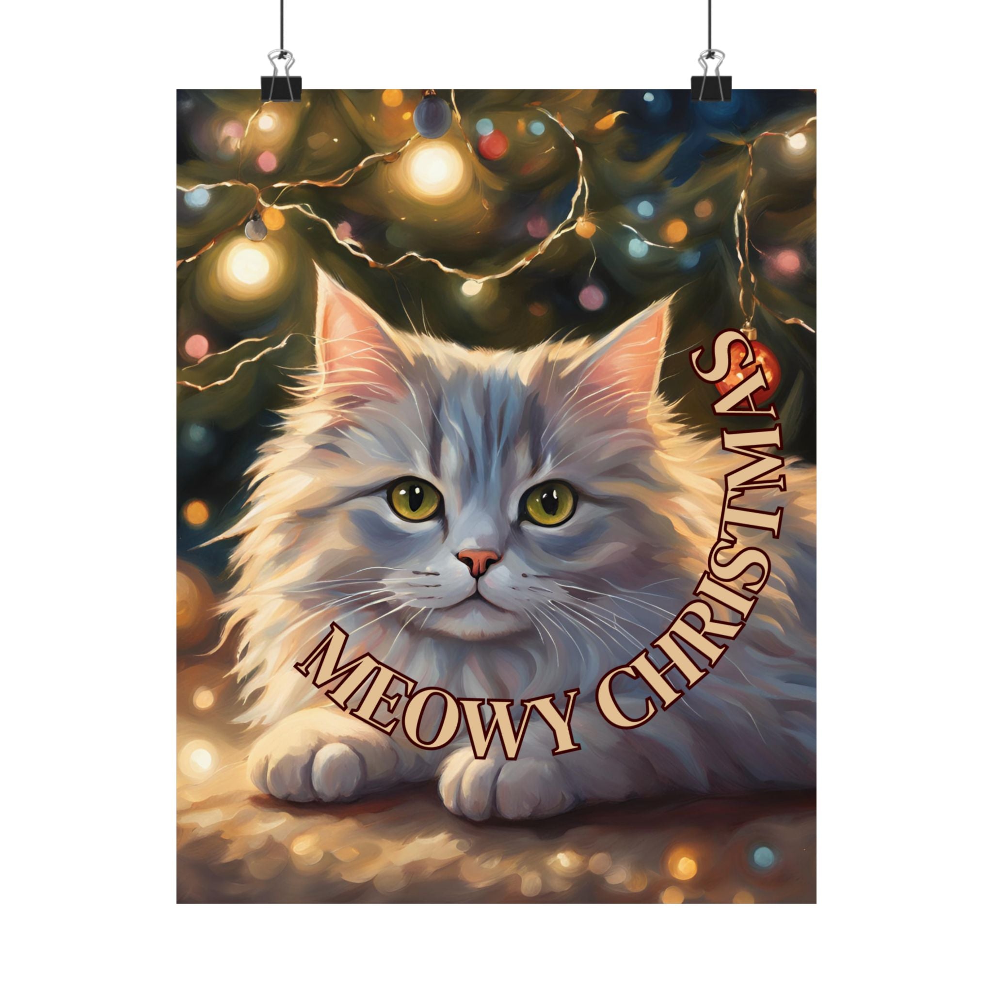 Photo depicting the ​White Meowy Christmas Kitty Matte Vertical Posters from EpiAl's Shop.