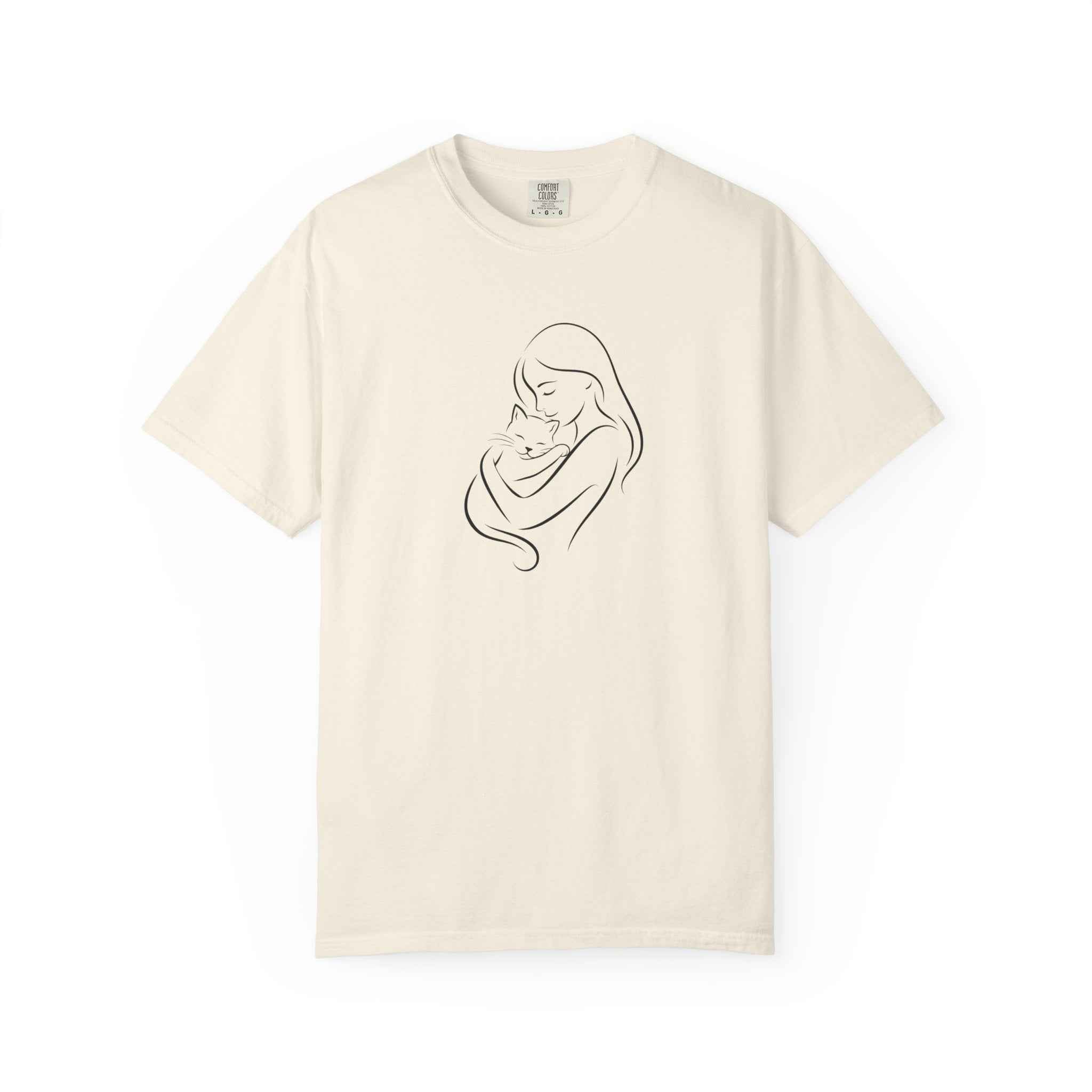 Mother & Cat Embrace T-Shirt | Minimal Line Art Cat Mom Shirt