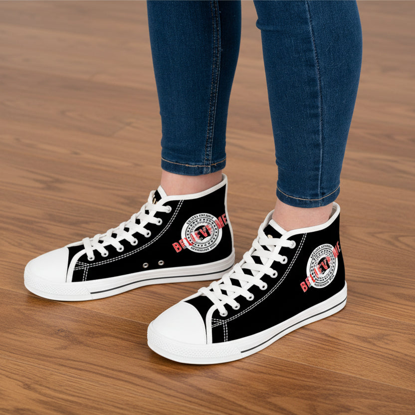 Believe Me Women’s High-Top Sneakers – Political Parody Statement Shoes