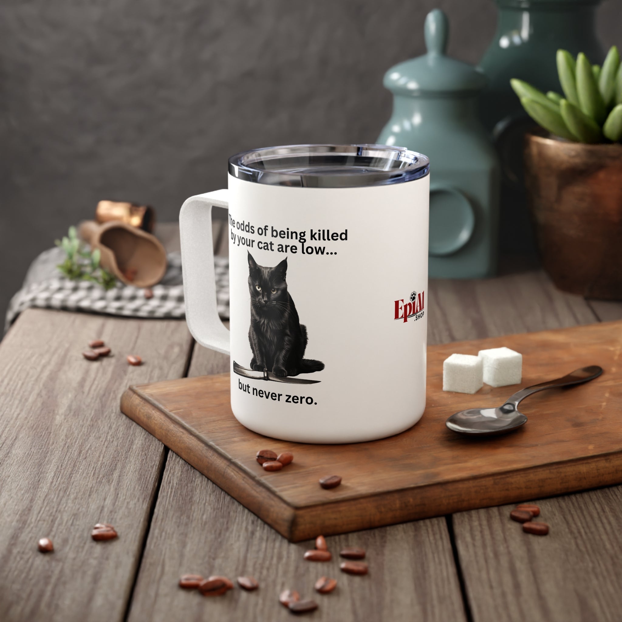 Photo depicting the ​Killer Cat Odds Insulated Coffee Mug, 10oz from EpiAl's Shop.