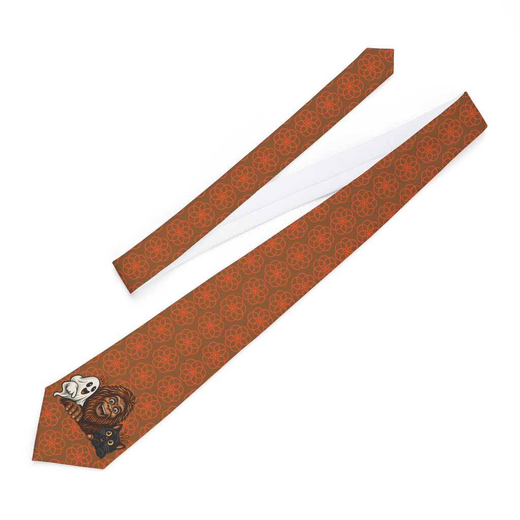 Bigfoot, Ghost & Black Cat Halloween Necktie | Cryptid Halloween Tie