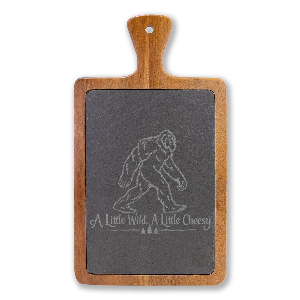 Bigfoot Charcuterie Board | A Little Wild, A Little Cheesy | Engraved Slate & Acacia Wood Cheese Board