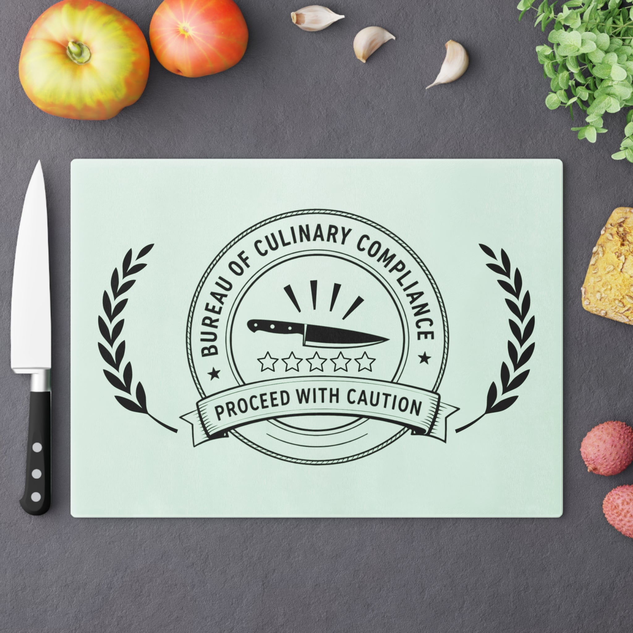 Bureau of Culinary Compliance Cutting Board – “Proceed With Caution” Glass Board