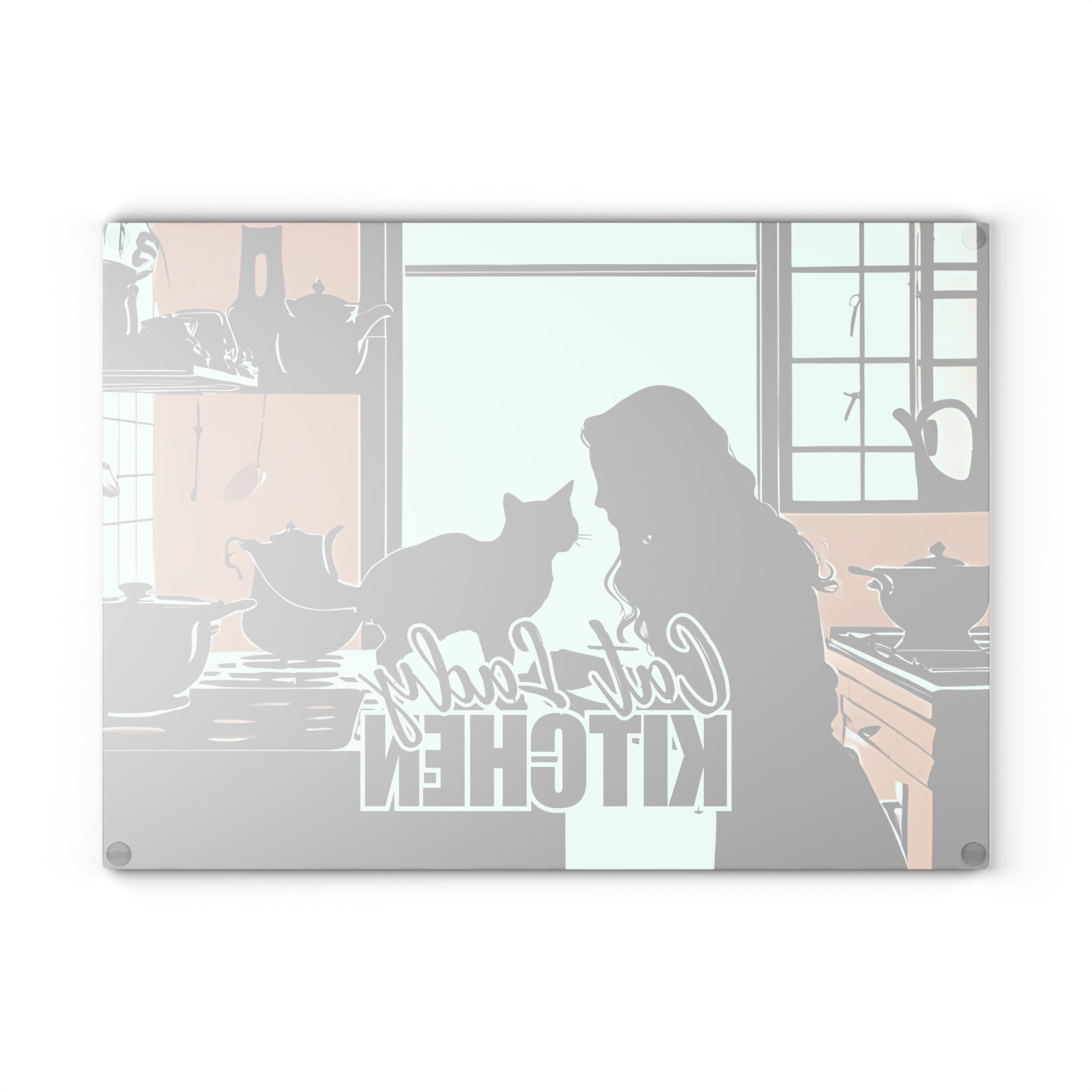 Photo depicting the ​Cat Lady Kitchen Glass Cutting Board from EpiAl's Shop.