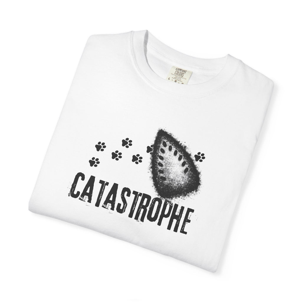 Catastrophe Iron Burn Graphic T-Shirt | Funny Cat Pun Shirt | Distressed Grunge Cat Tee