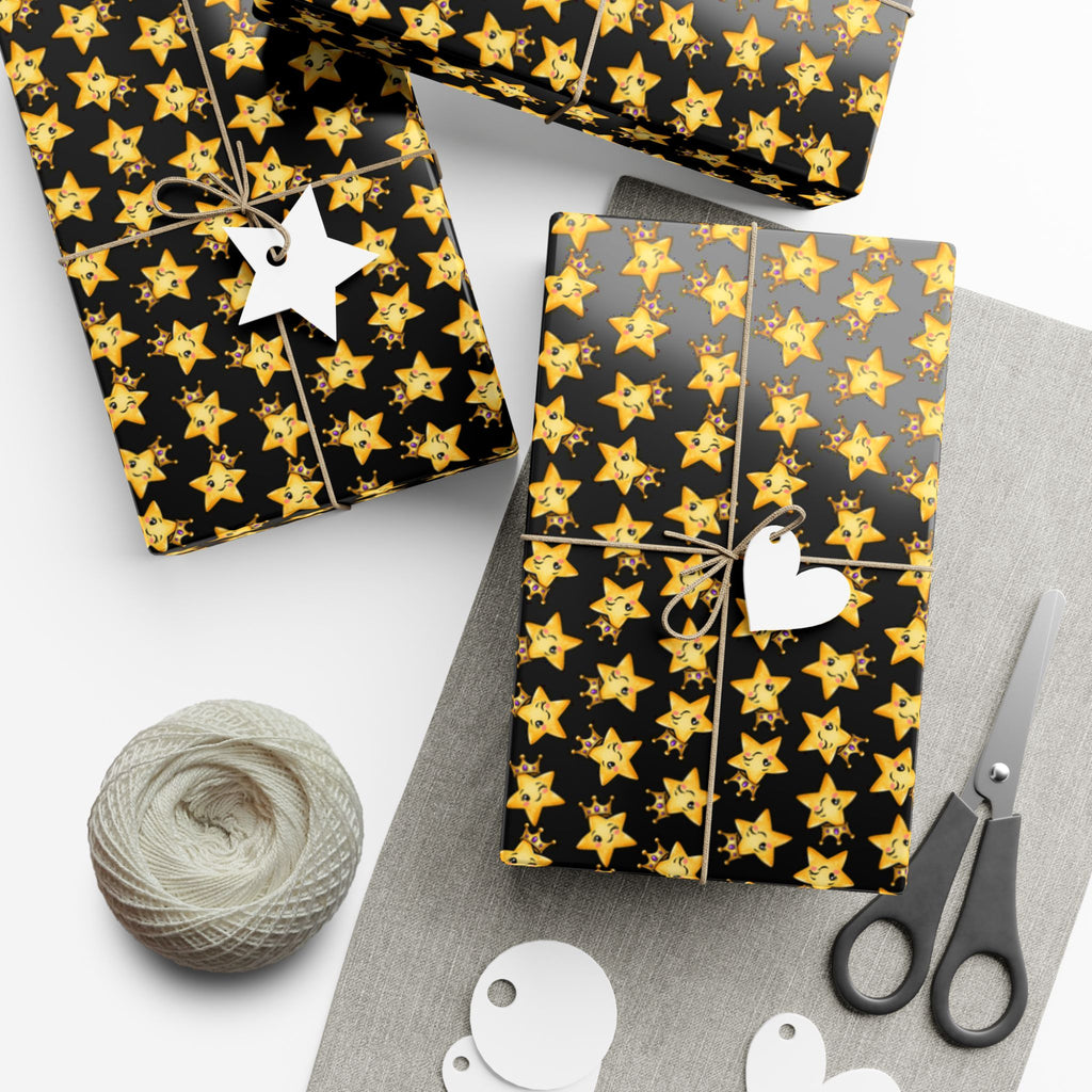 Main Character Crowned Star Wrapping Paper | Cute Black & Gold Gift Wrap
