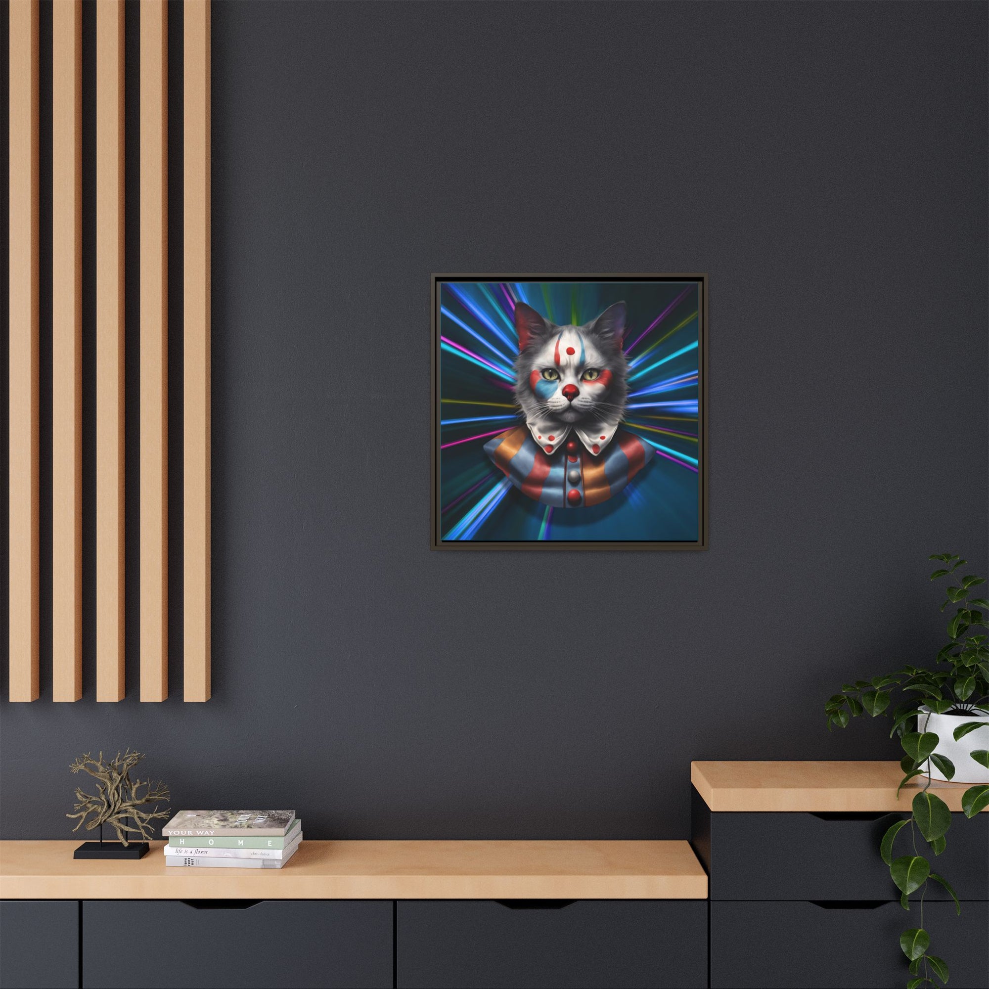 Colorful Cat Clown Framed Canvas Art – Quirky Home Decor for Pet Lovers