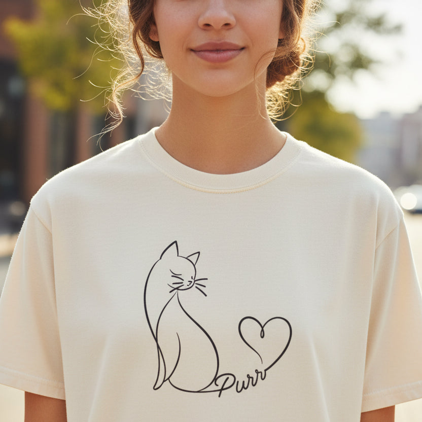 Purr Line Art Cat Unisex T-Shirt | Minimal Cat Lover Tee with Heart Tail