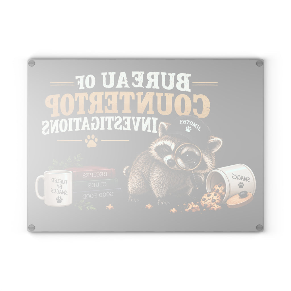 Bureau of Countertop Investigations Glass Cutting Board | Jimothy Raccoon Kitchen Decor