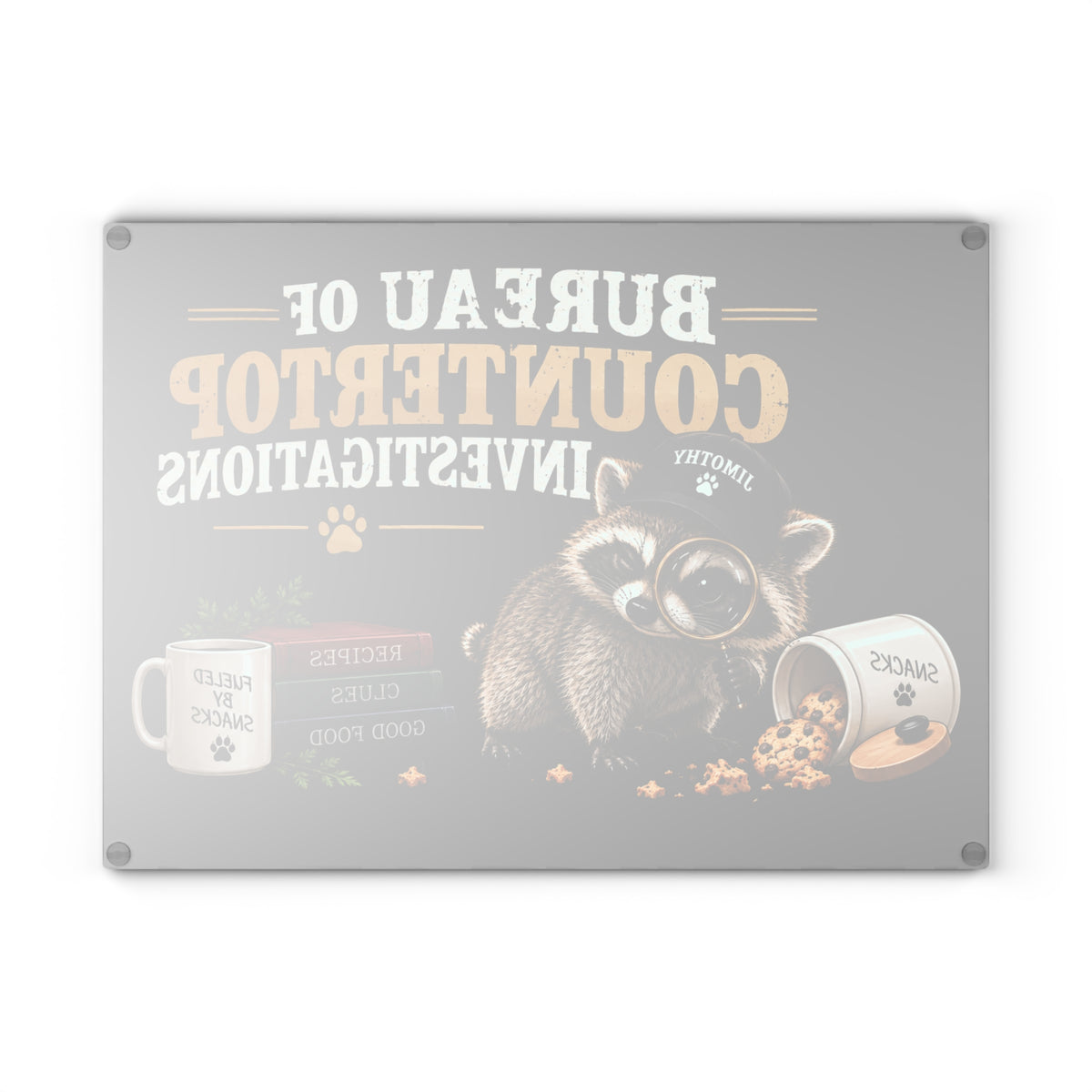 Bureau of Countertop Investigations Glass Cutting Board | Jimothy Raccoon Kitchen Decor