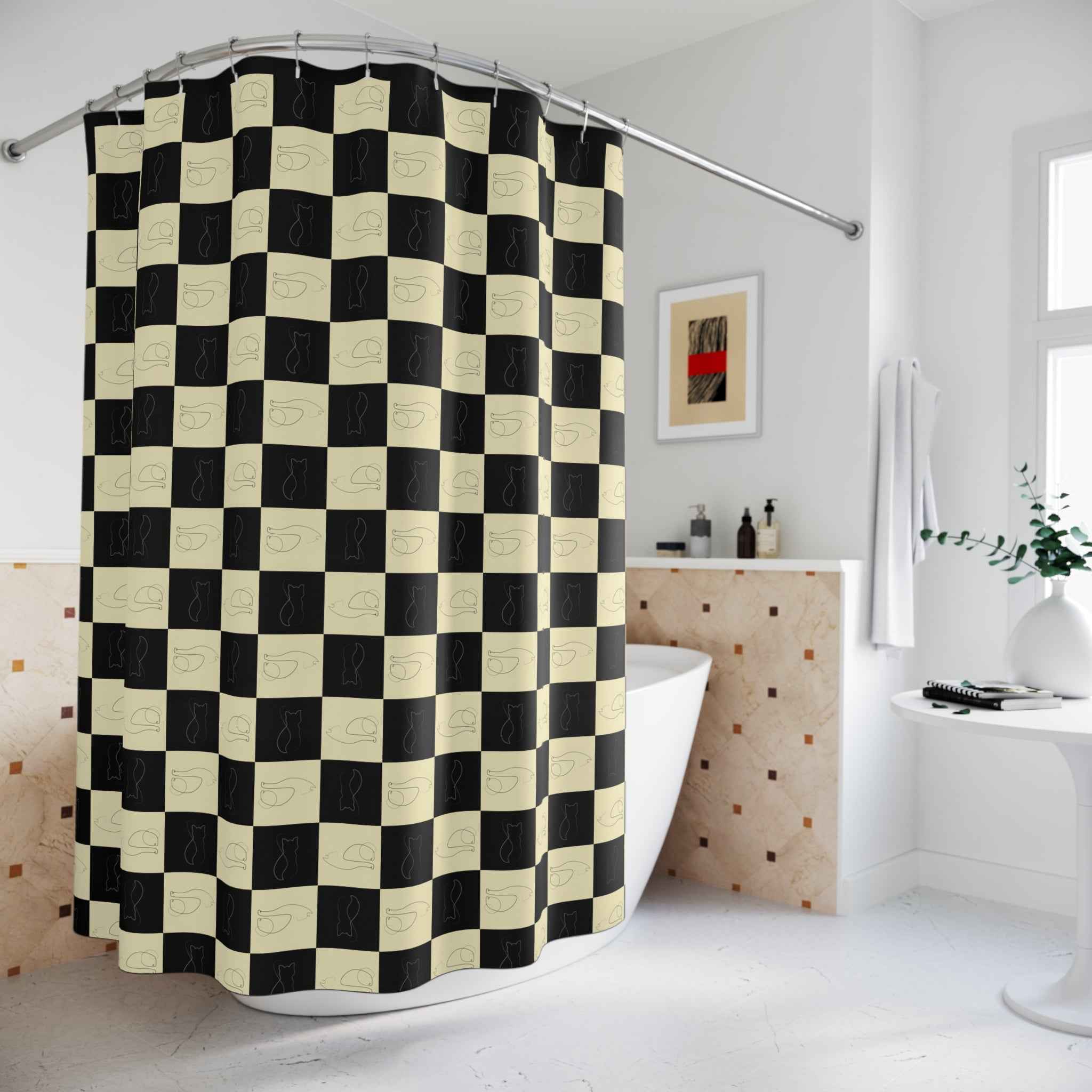 Checked Feline Shower Curtain — Elegant Gold & Black Cat Outline Pattern