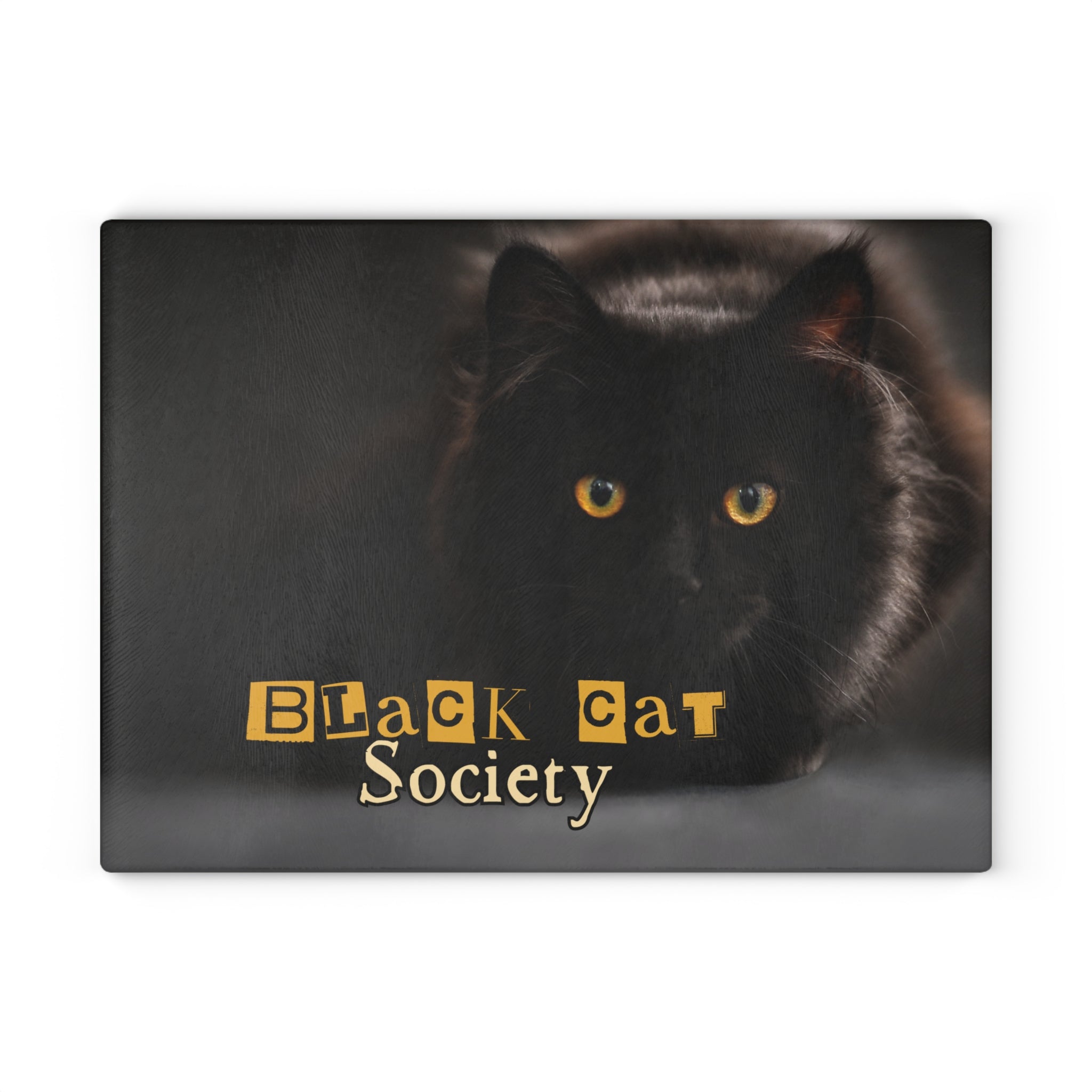 Photo depicting the ​Black Cat Society Glass Cutting Board from EpiAl's Shop.