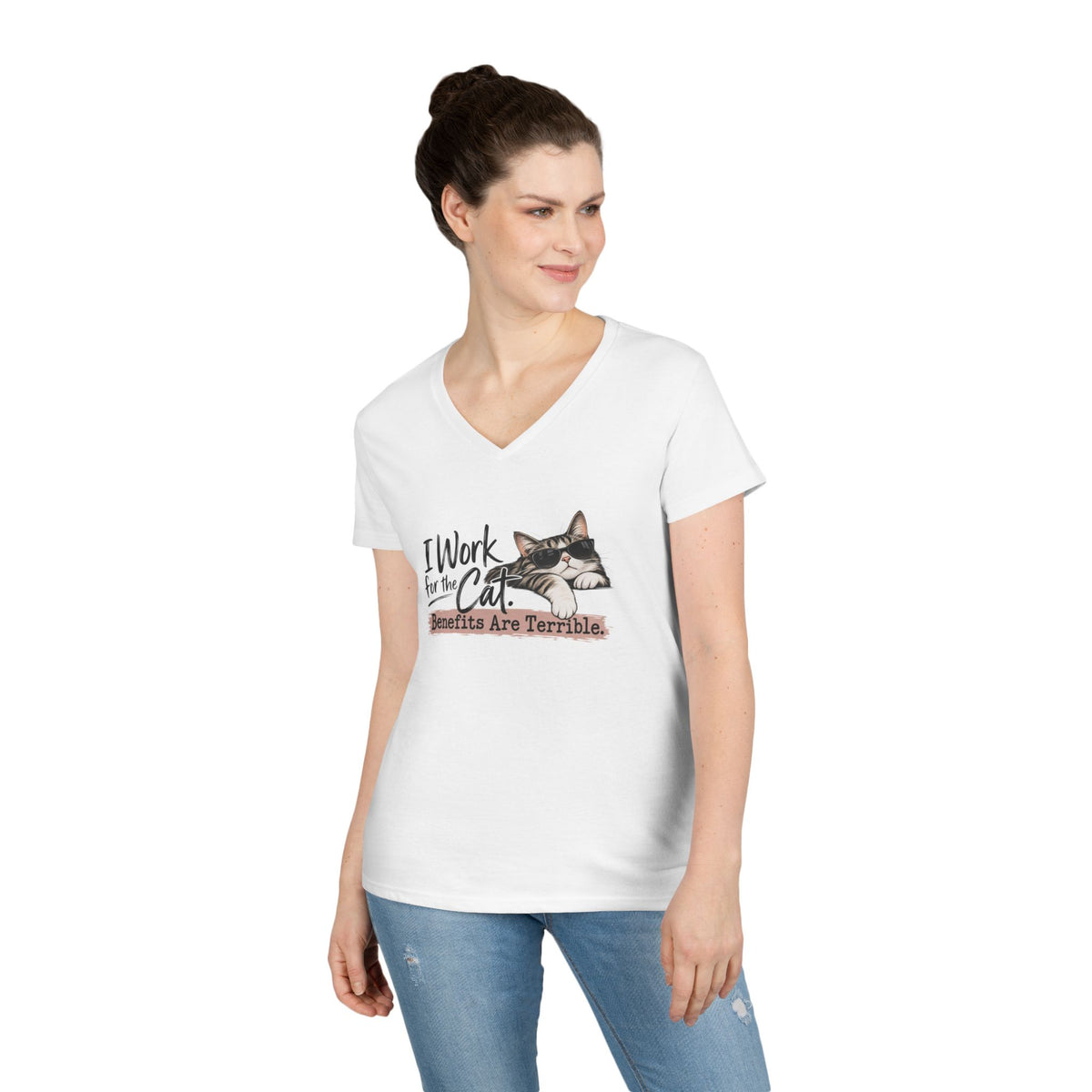 I Work for the Cat Women’s V-Neck T-Shirt | Funny Cat Lover Tee