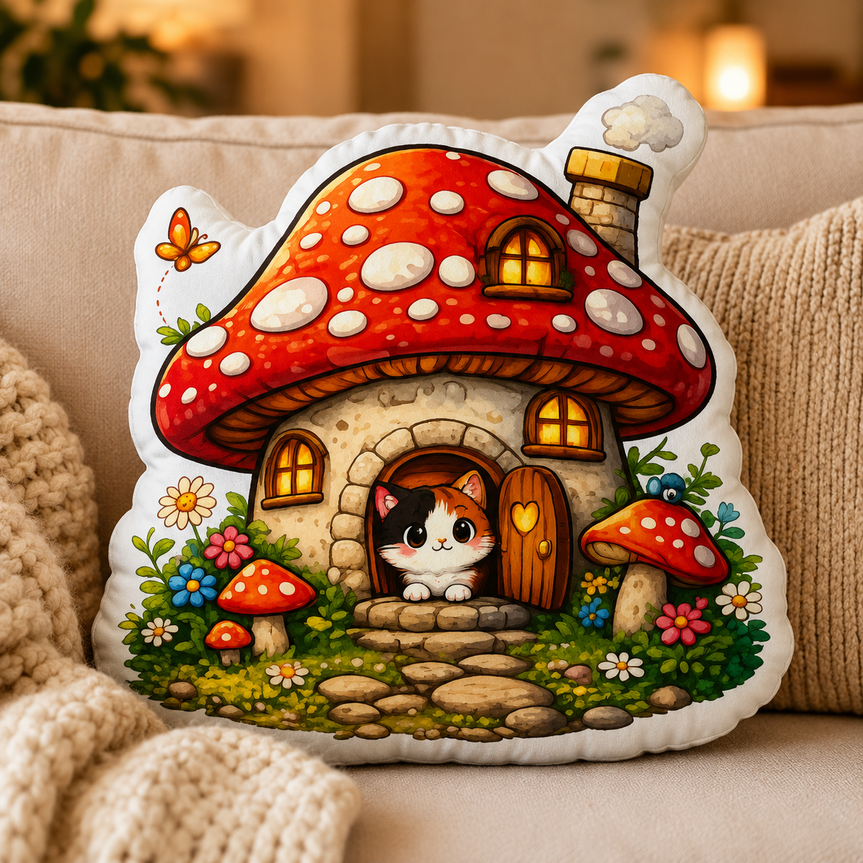 Whimsical Mushroom Cottage Shaped Pillow | Cozy Cat Cottage Forest Cushion