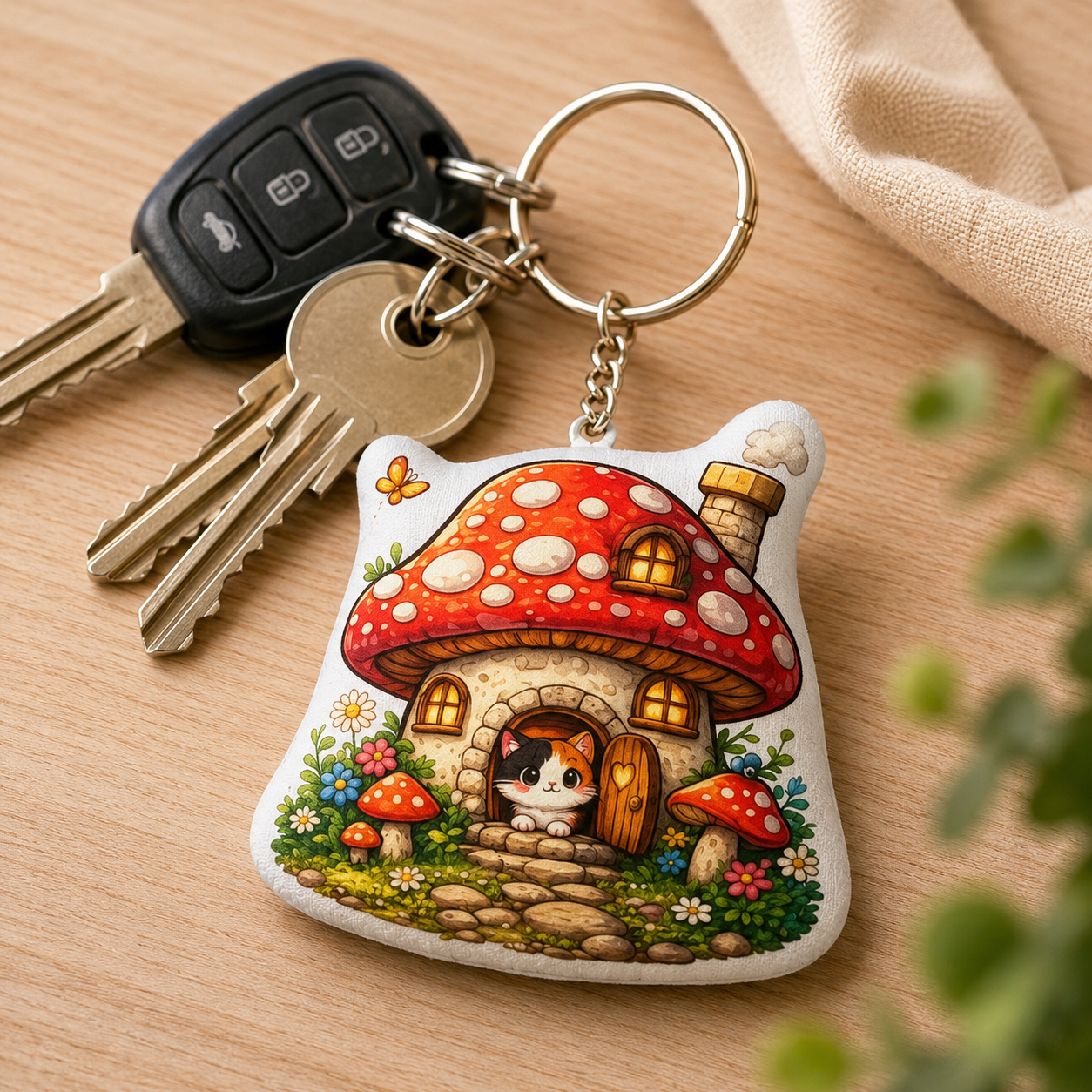 Whimsical Mushroom Cottage Plush Keychain | Cottagecore Cat Bag Charm